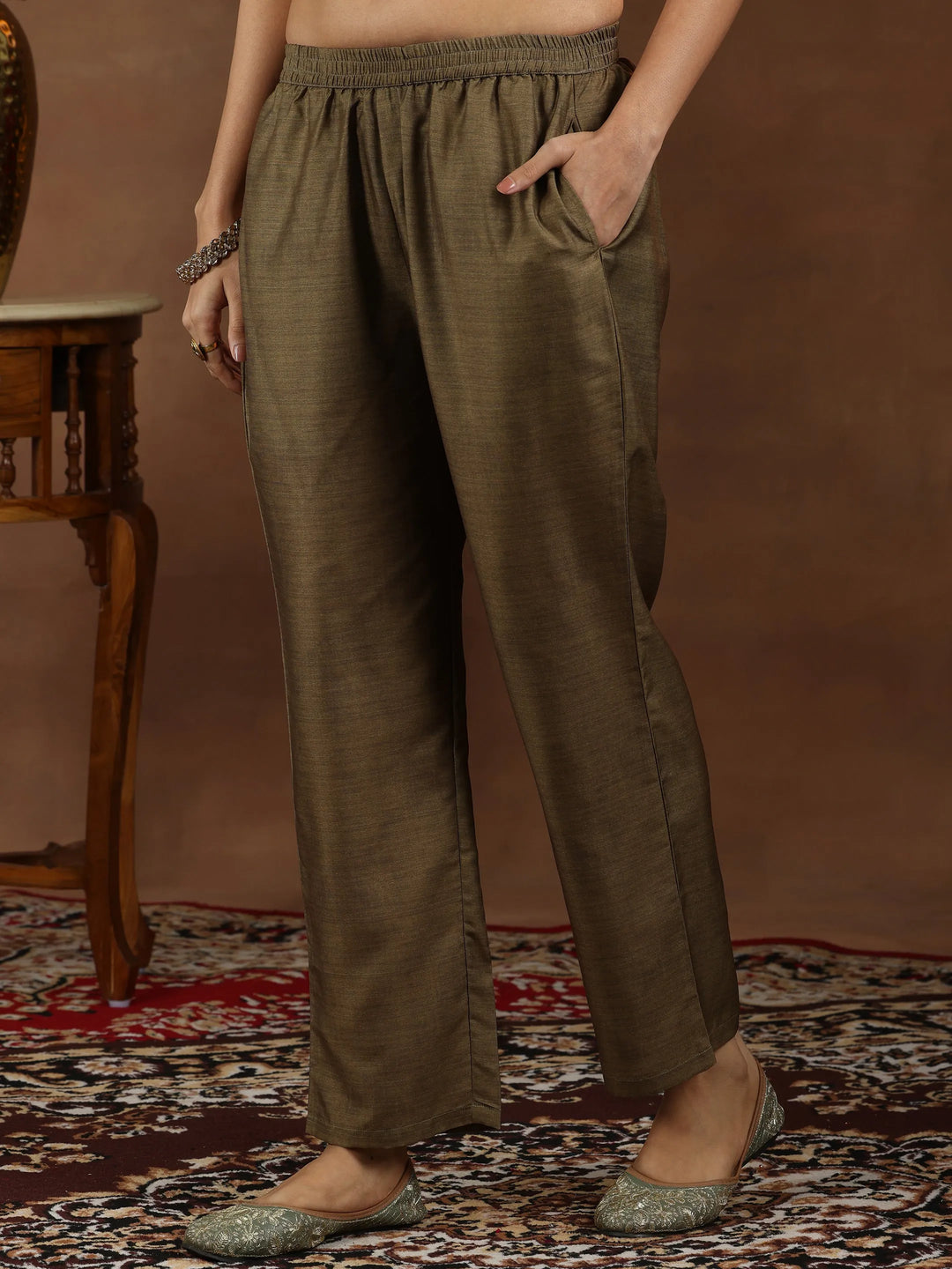  Brown Printed Silk Blend Straight Suit With Dupatta 