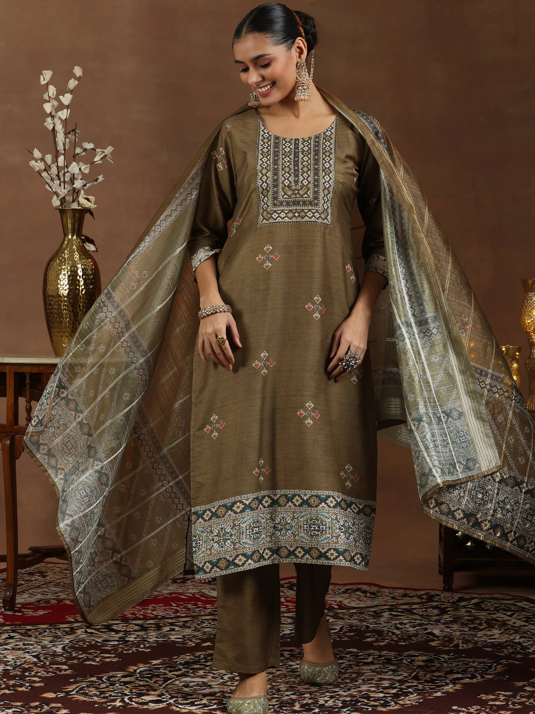  Brown Printed Silk Blend Straight Suit With Dupatta 
