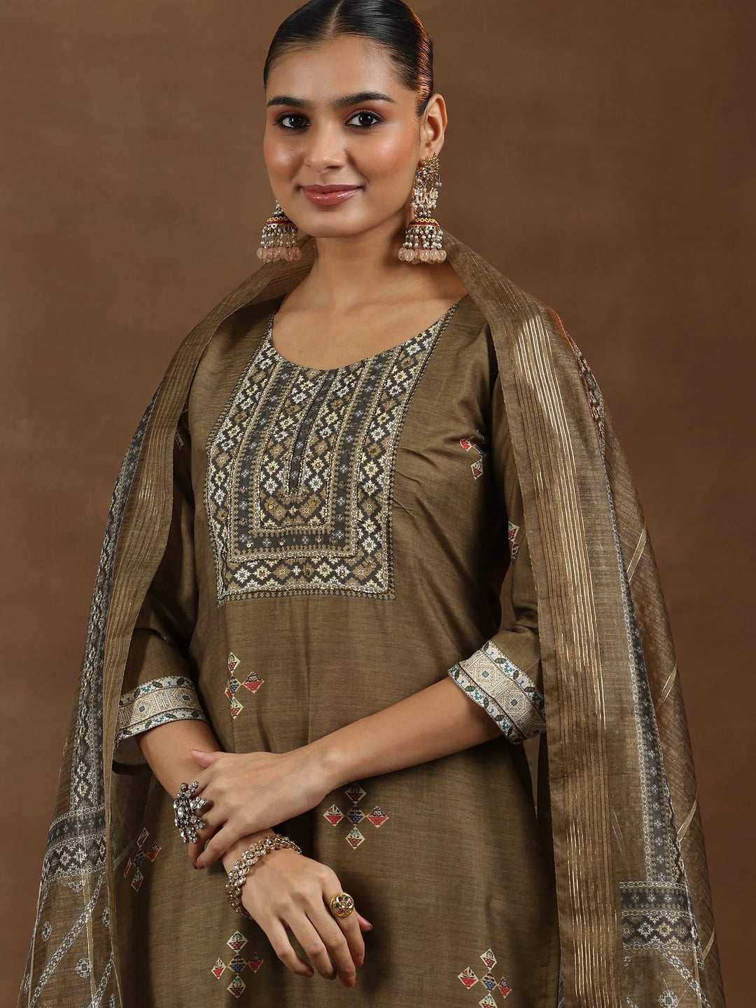  Brown Printed Silk Blend Straight Suit With Dupatta 