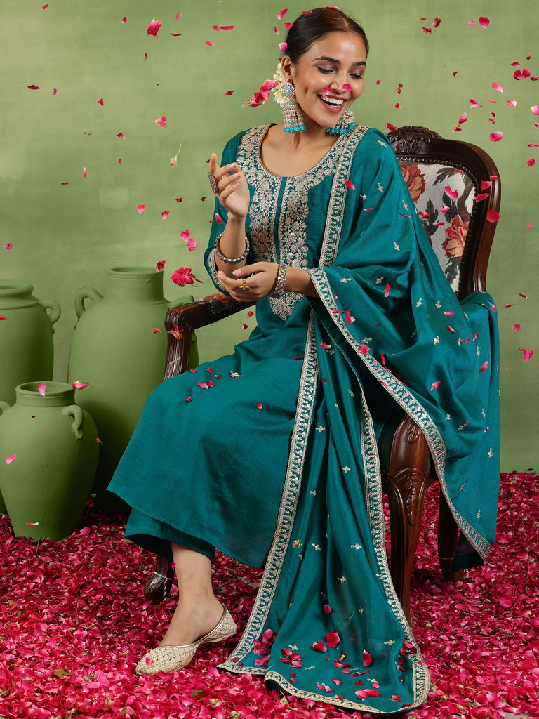 Libas Green Yoke Design Silk Blend Anarkali Suit With Dupatta