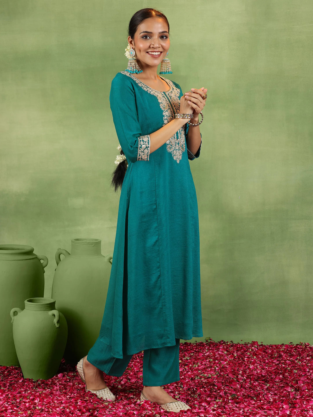  Green Yoke Design Silk Blend Anarkali Suit With Dupatta 
