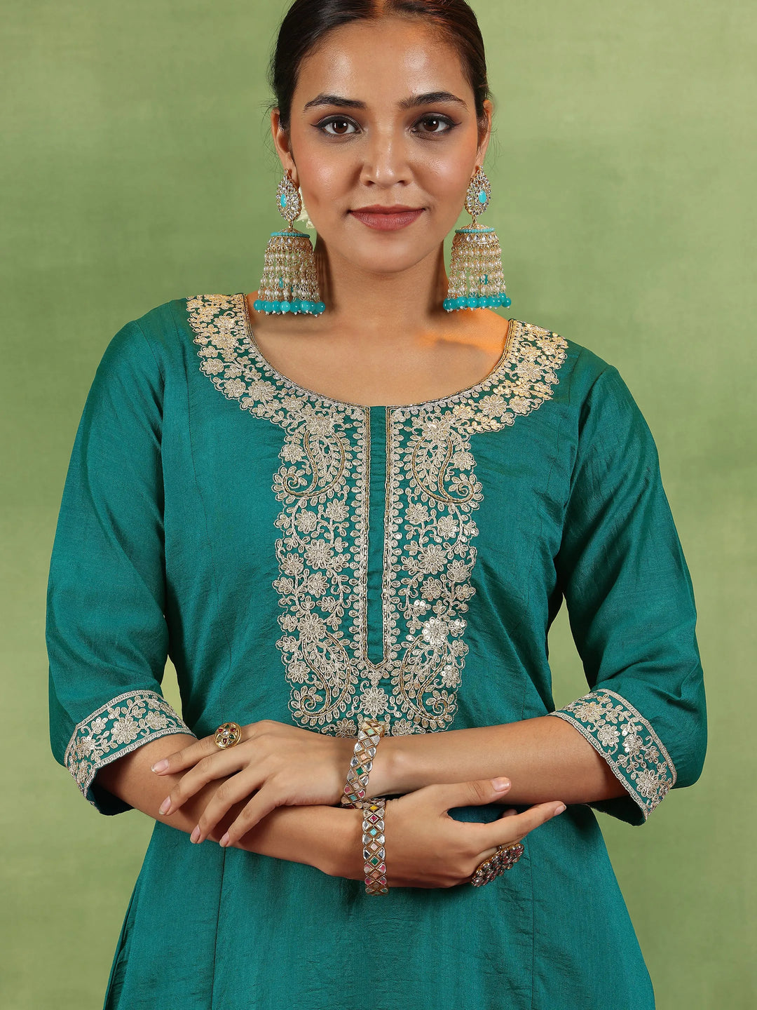 Green Yoke Design Silk Blend Anarkali Suit With Dupatta 