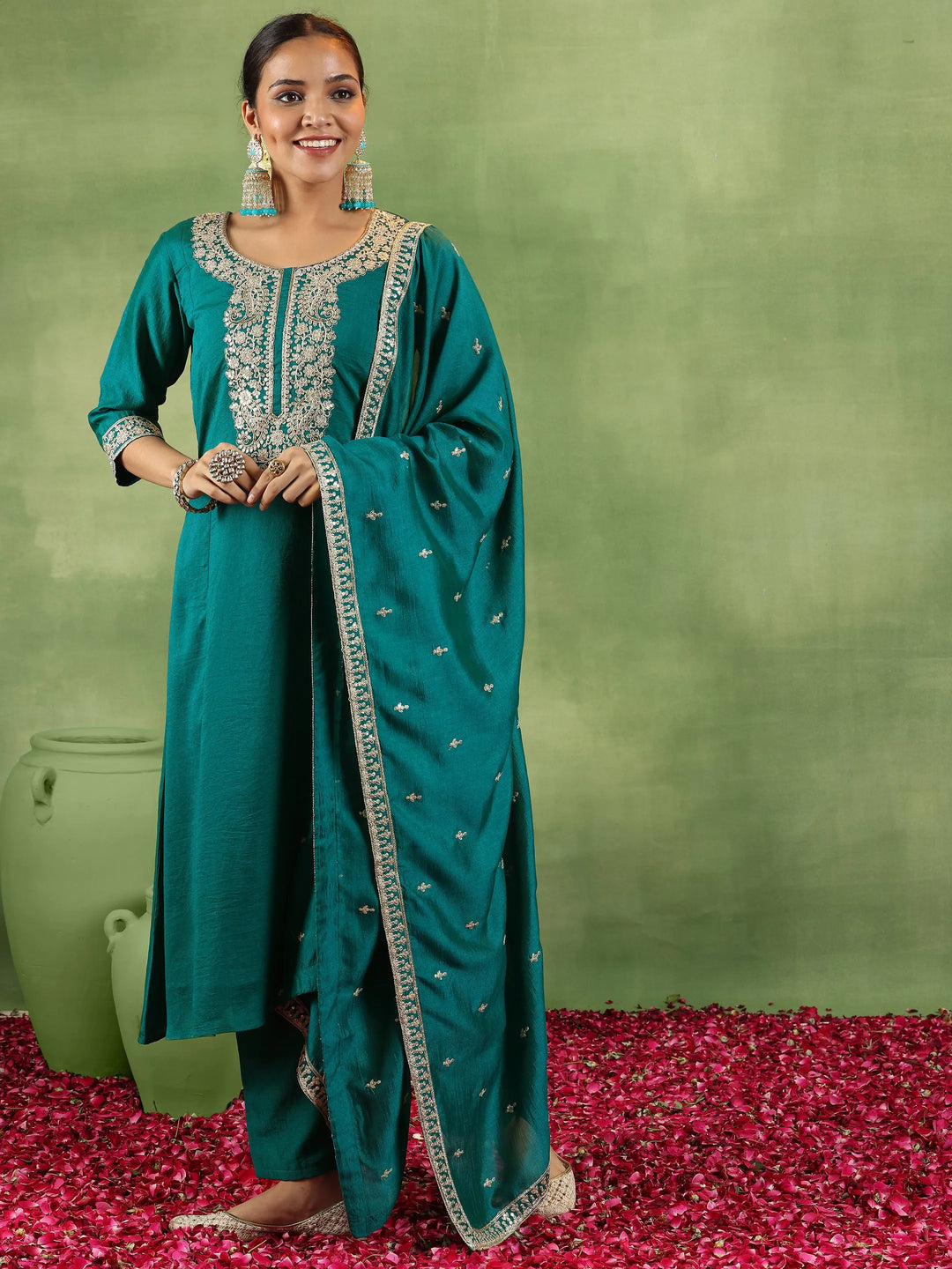  Green Yoke Design Silk Blend Anarkali Suit With Dupatta 