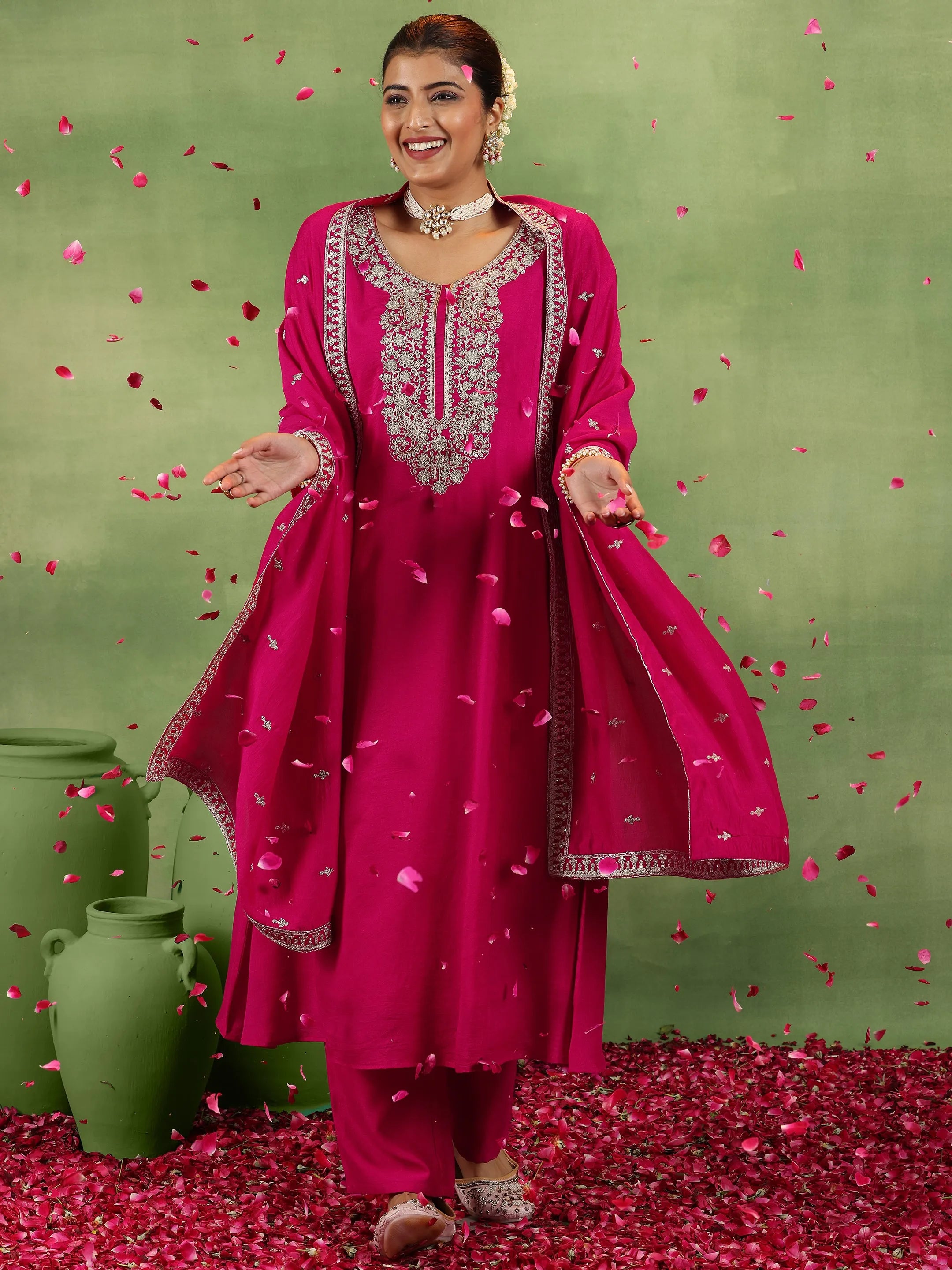 Pink Yoke Design Silk Blend A-Line Kurta With Trousers & Dupatta-image-16