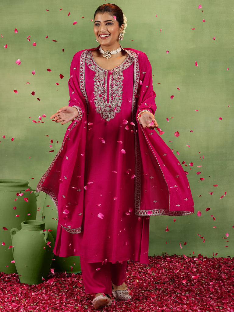 Libas Pink Yoke Design Silk Blend A-Line Kurta With Trousers & Dupatta