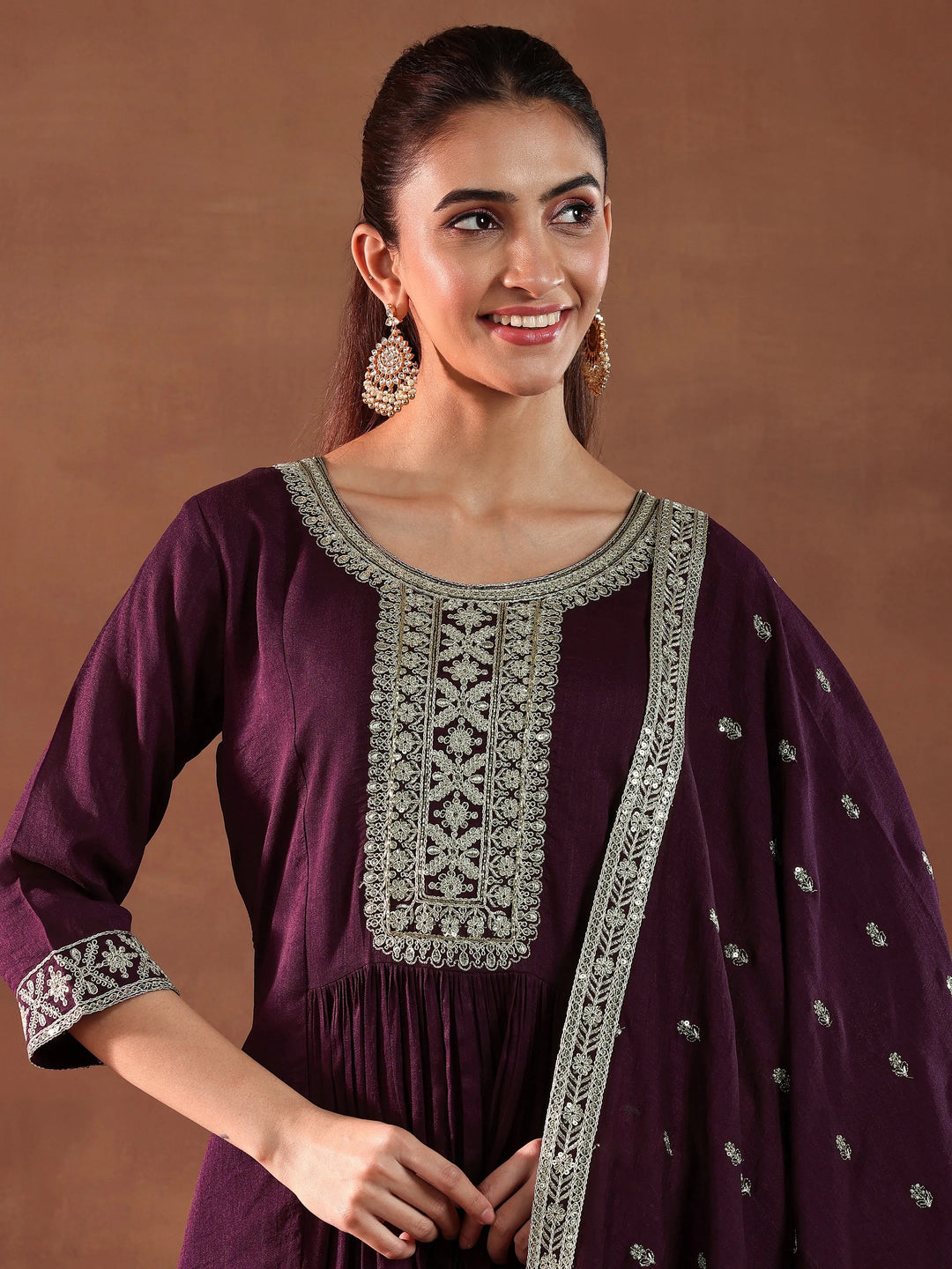  Wine Yoke Design Silk Blend A-Line Kurta With Trousers & Dupatta 