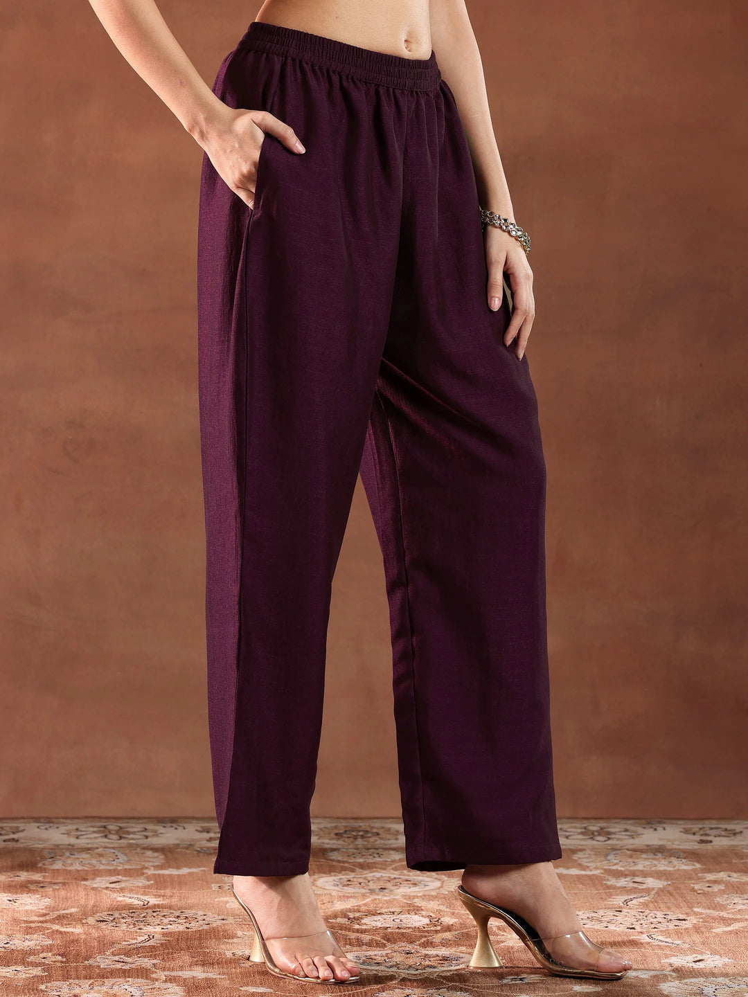  Wine Yoke Design Silk Blend A-Line Kurta With Trousers & Dupatta 