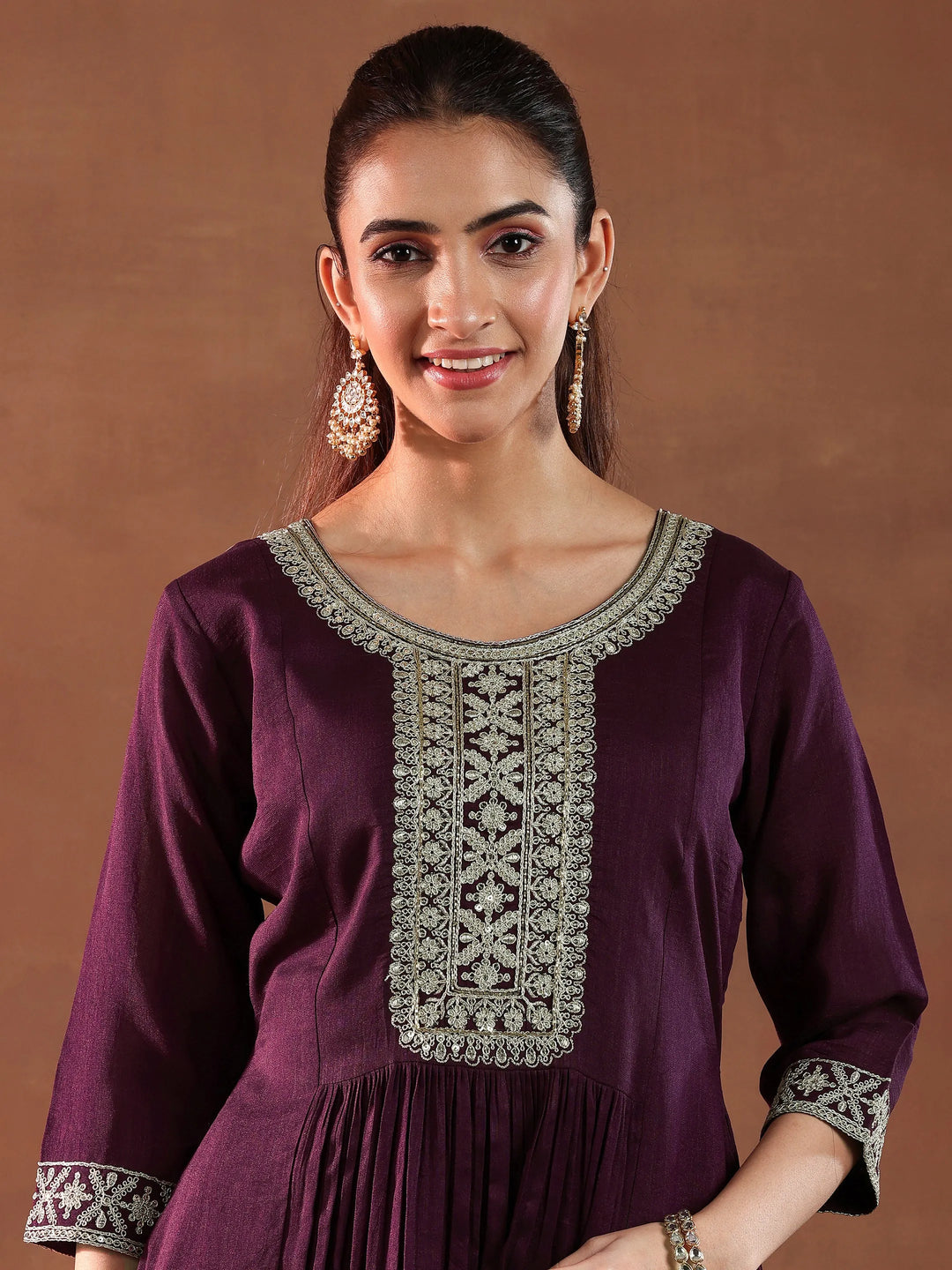  Wine Yoke Design Silk Blend A-Line Kurta With Trousers & Dupatta 