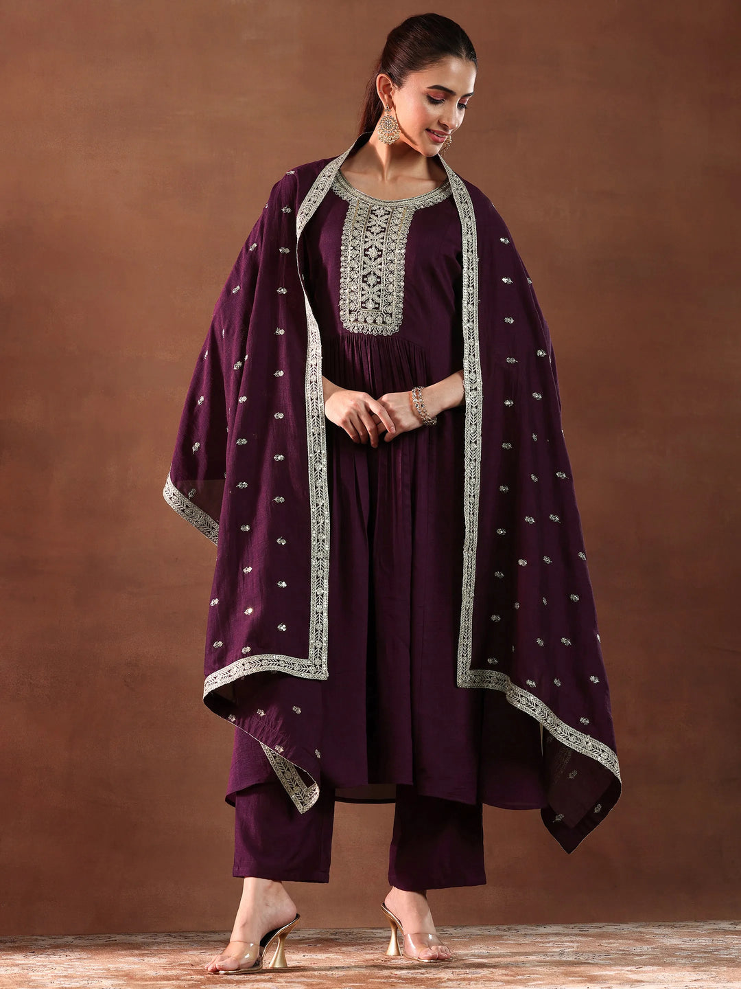  Wine Yoke Design Silk Blend A-Line Kurta With Trousers & Dupatta 