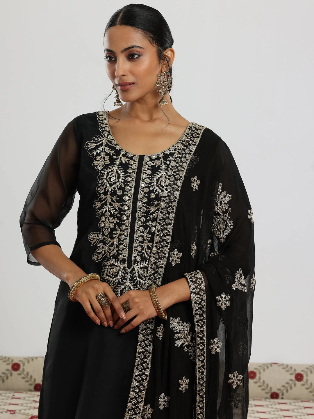  Black Yoke Design Organza Straight Suit With Dupatta 