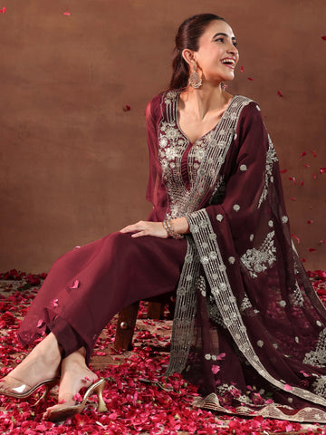 Libas Maroon Yoke Design Organza Straight Suit With Dupatta