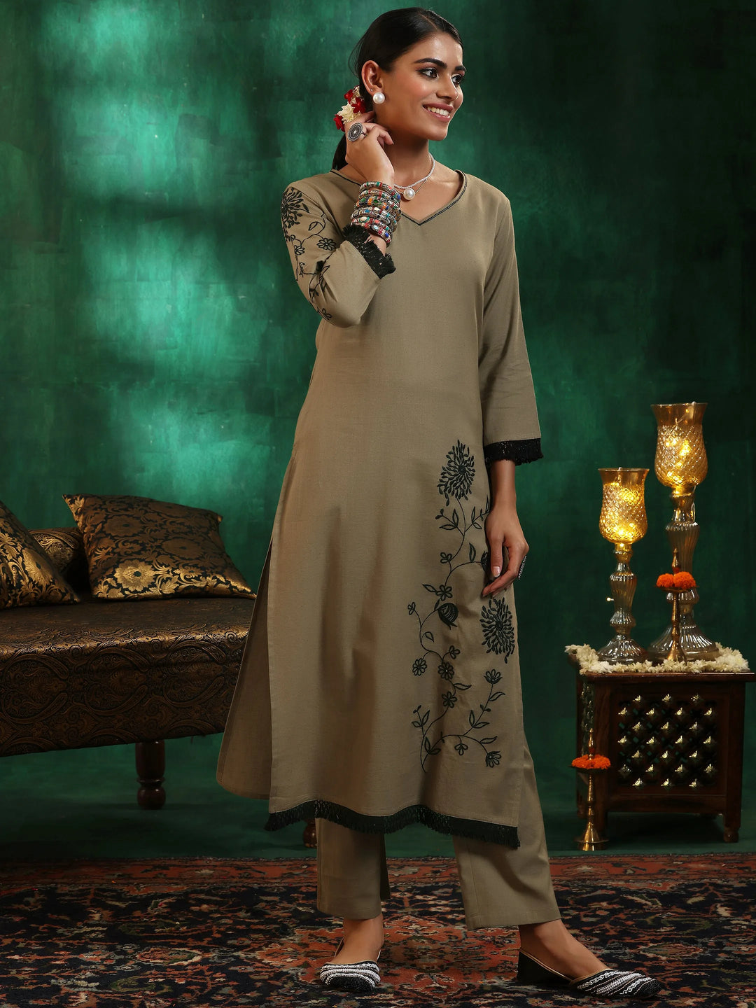  Taupe Embroidered Cotton Straight Suit With Dupatta 