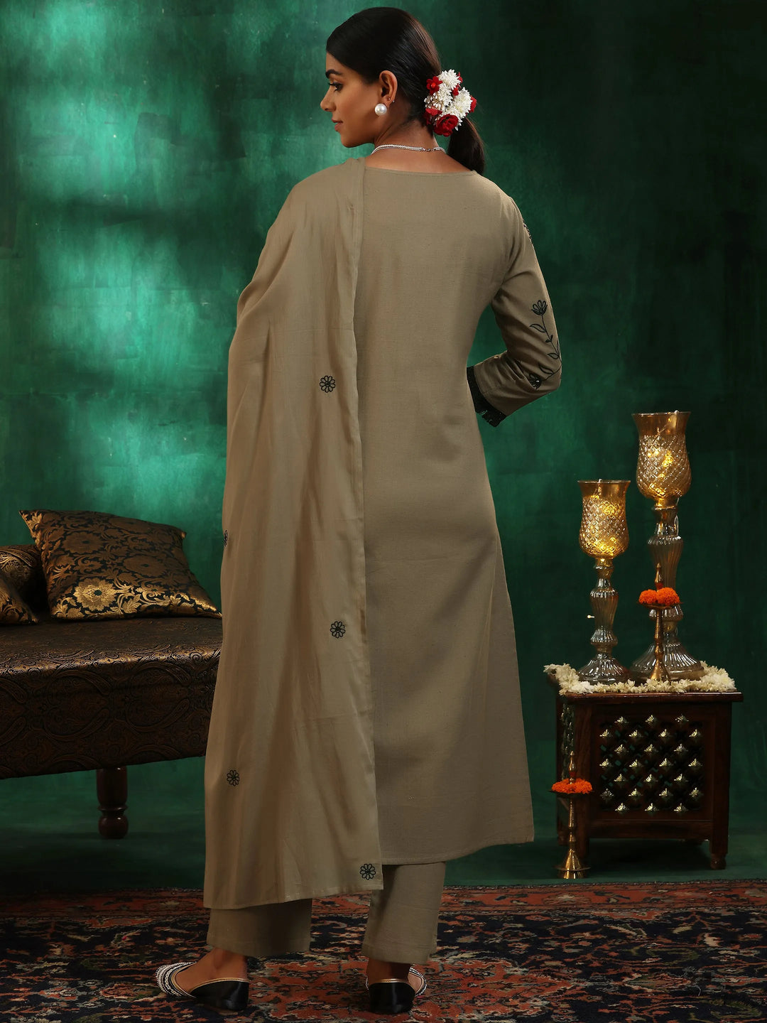  Taupe Embroidered Cotton Straight Suit With Dupatta 
