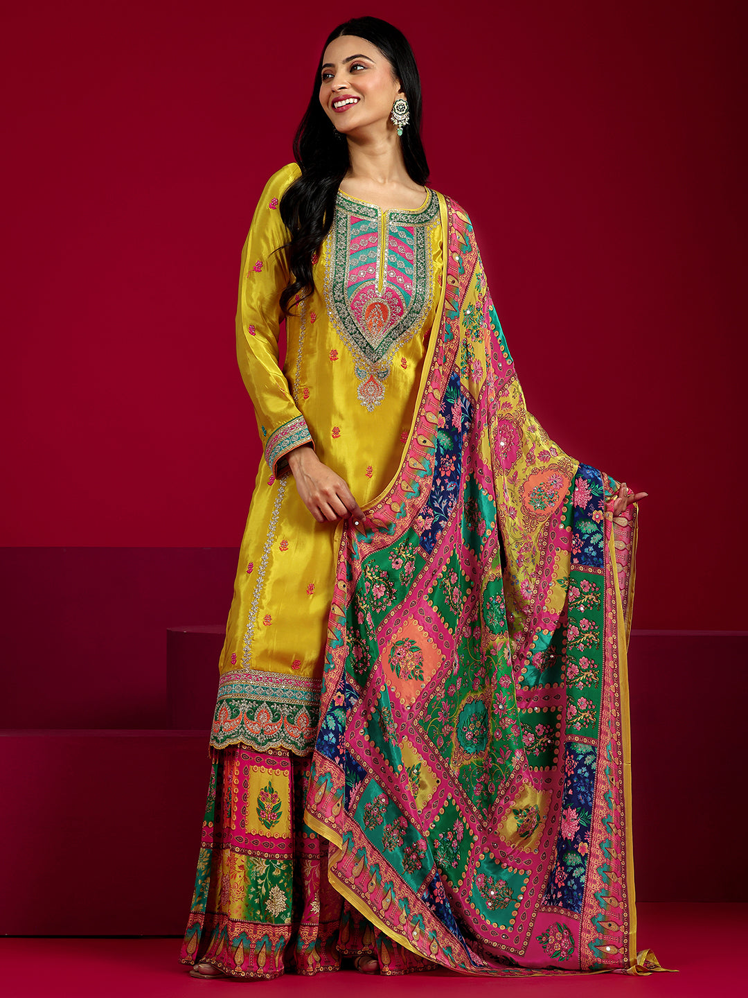  Libas Art Mustard Embroidered Silk Blend Straight Sharara Suit Set With Dupatta 