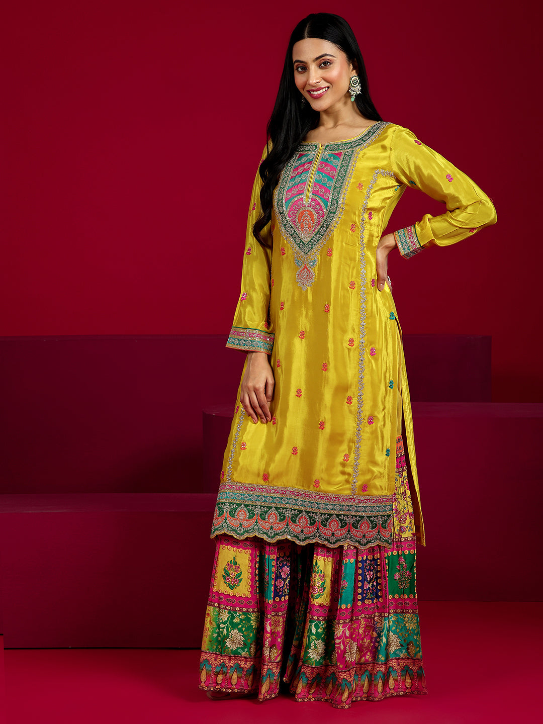  Libas Art Mustard Embroidered Silk Blend Straight Sharara Suit Set With Dupatta 