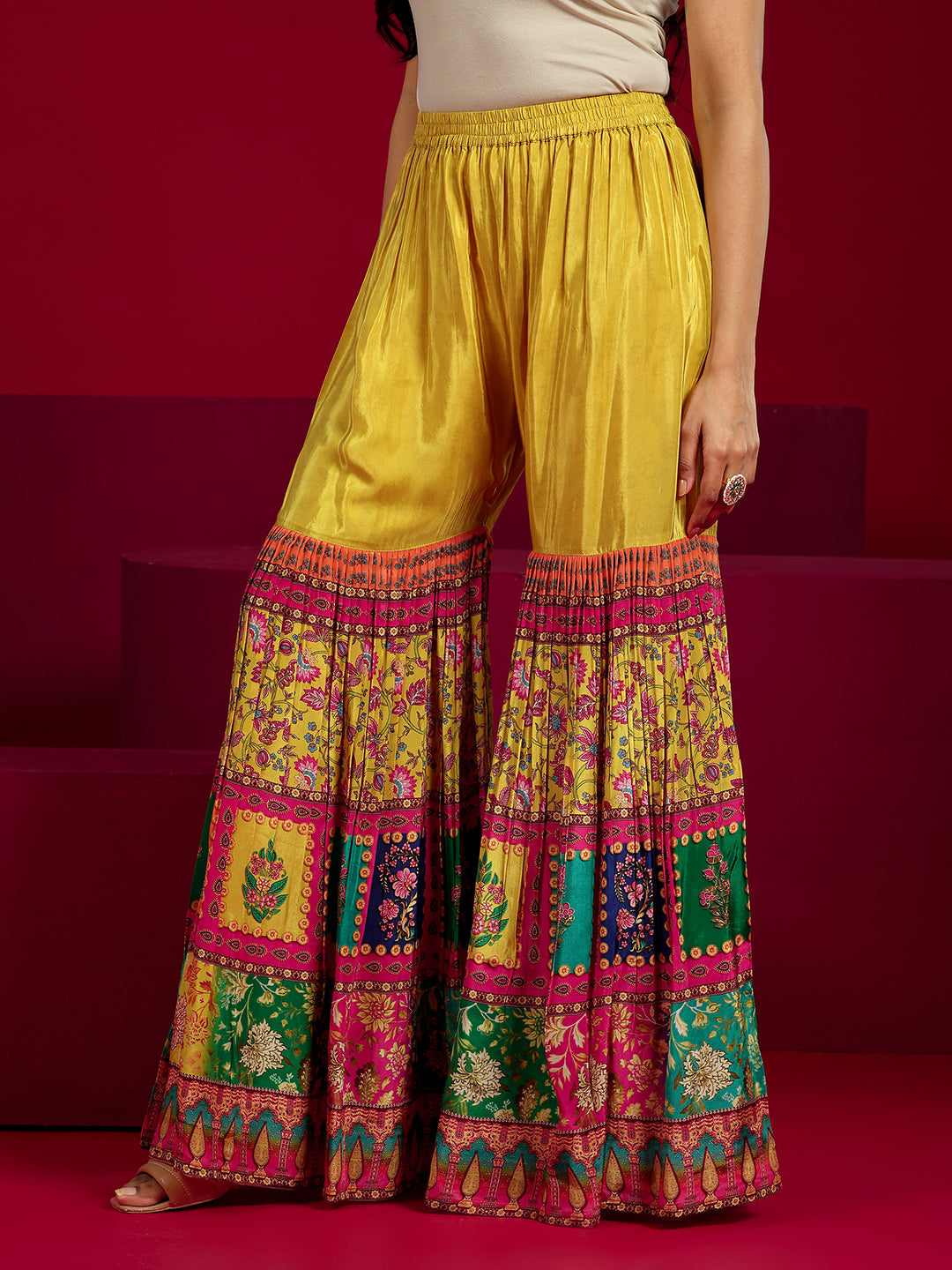  Libas Art Mustard Embroidered Silk Blend Straight Sharara Suit Set With Dupatta 