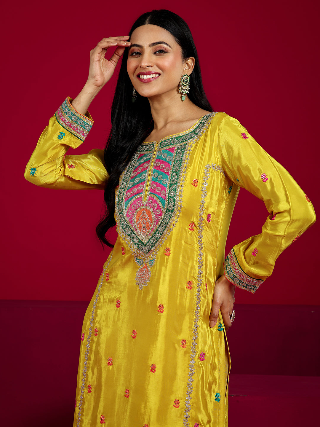  Libas Art Mustard Embroidered Silk Blend Straight Sharara Suit Set With Dupatta 