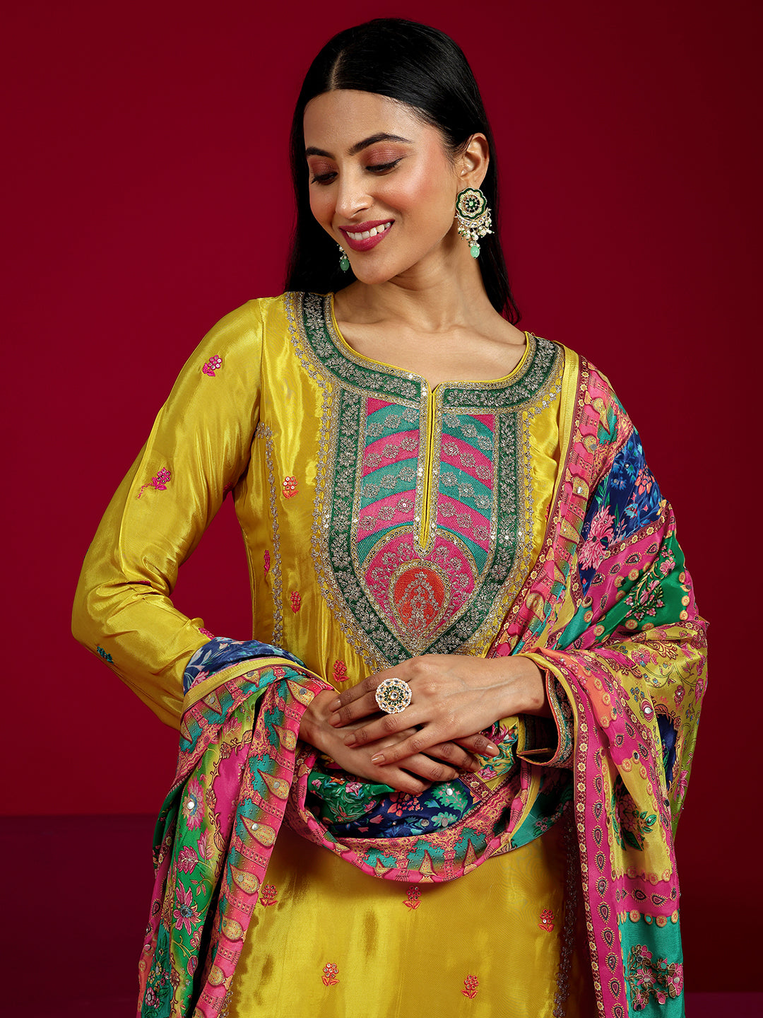  Libas Art Mustard Embroidered Silk Blend Straight Sharara Suit Set With Dupatta 