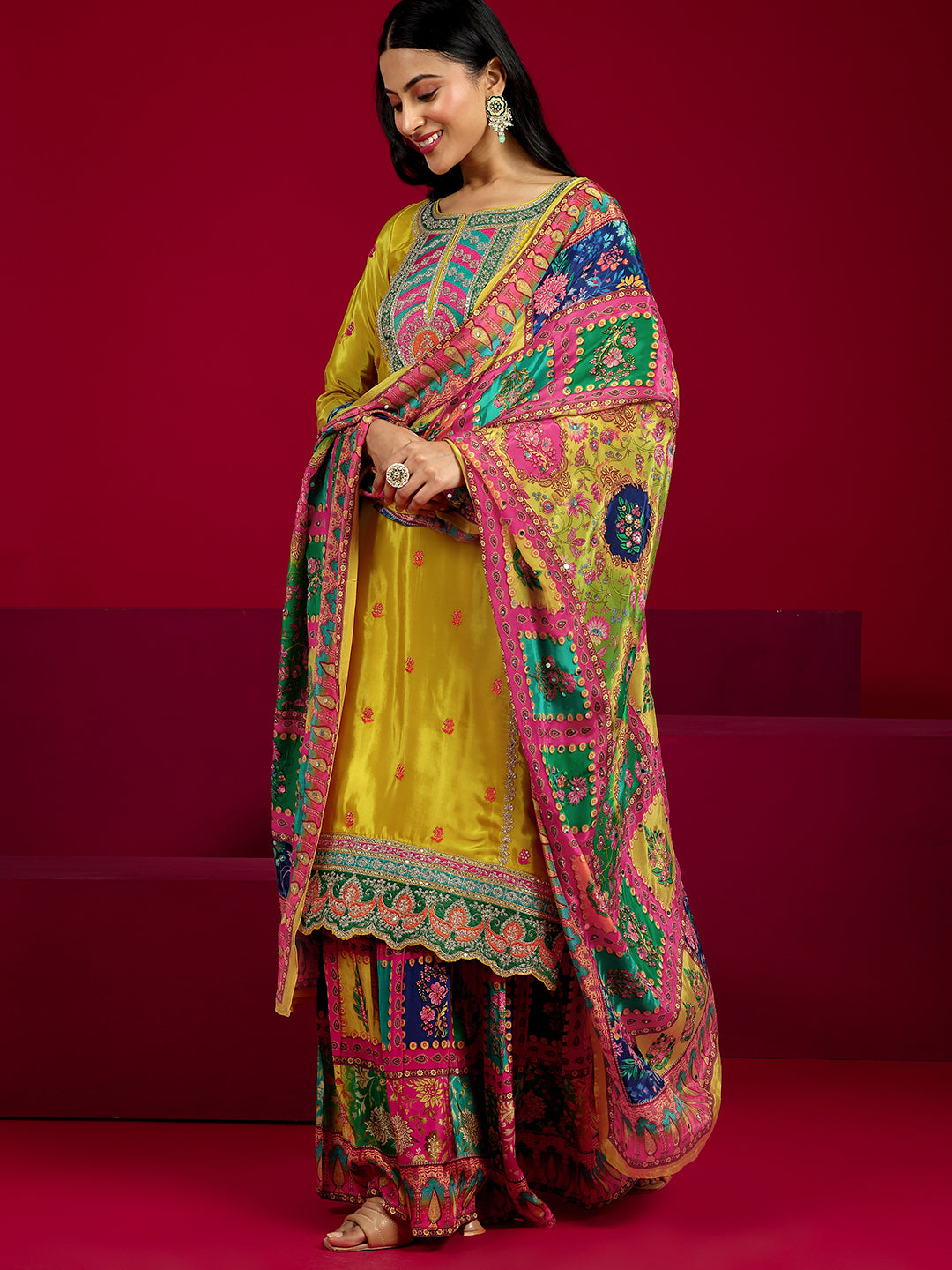  Libas Art Mustard Embroidered Silk Blend Straight Sharara Suit Set With Dupatta 