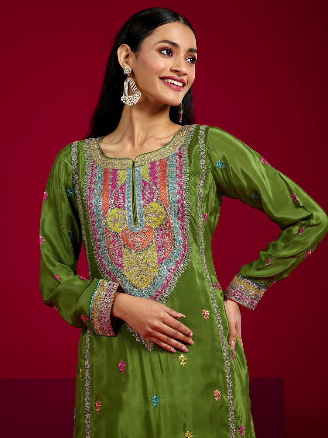  Libas Art Green Embroidered Silk Blend Straight Suit With Dupatta 