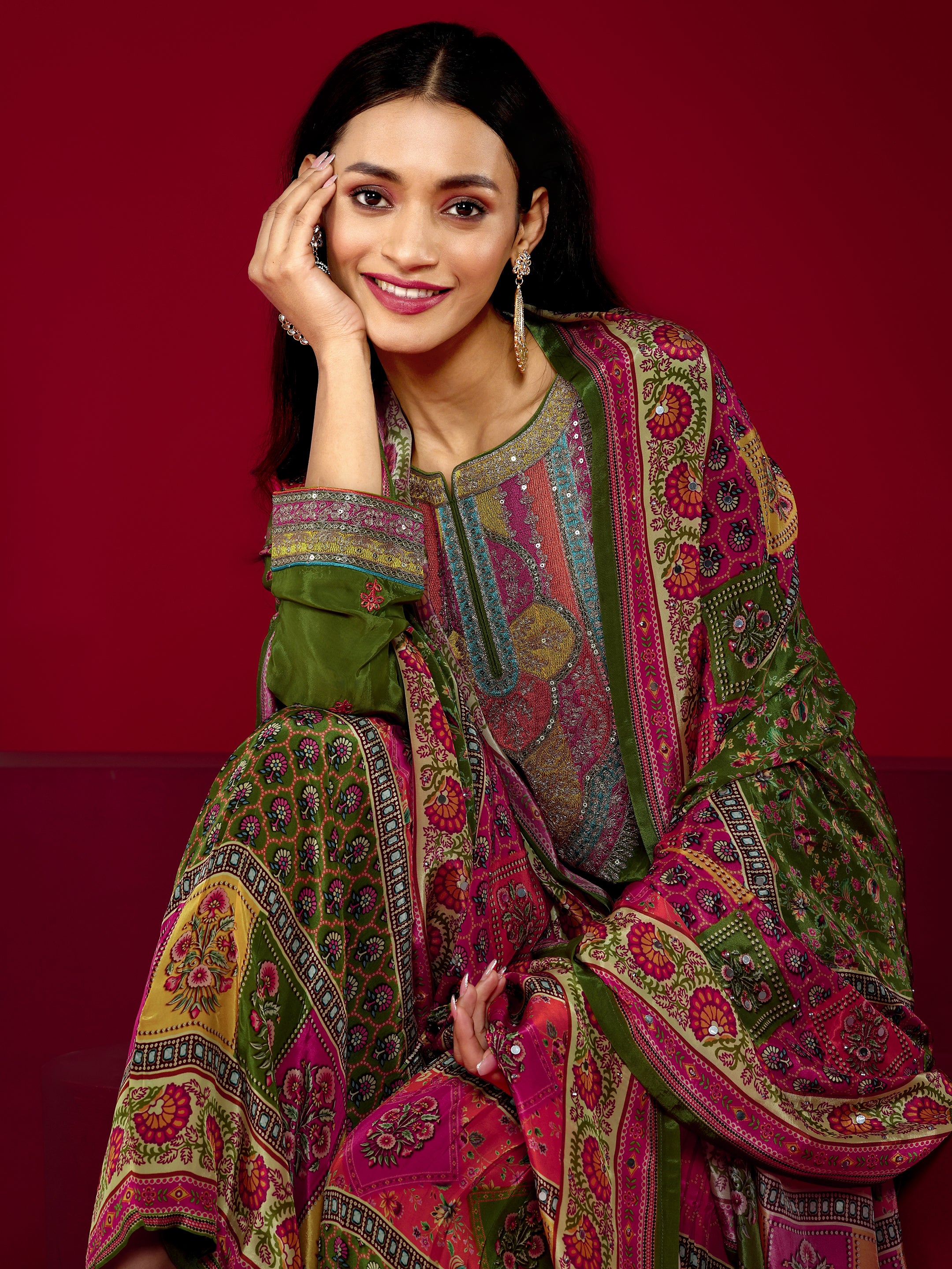 Libas Art Green Embroidered Silk Blend Straight Suit With Dupatta-picture-54