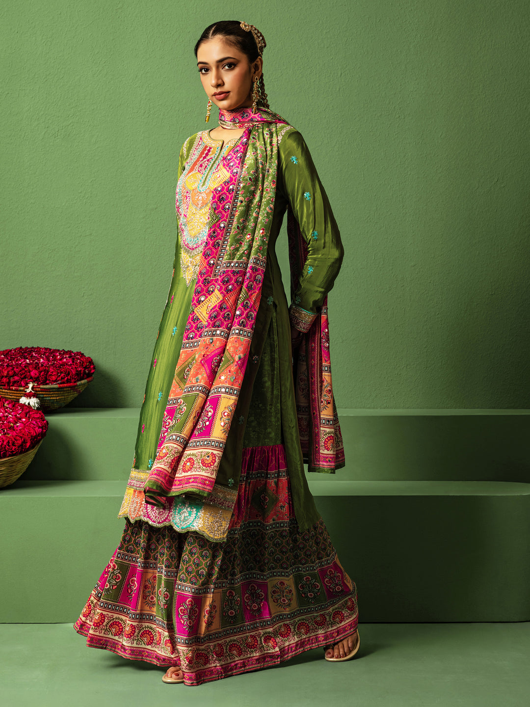 Libas Art Rangat Green Embroidered Silk Blend Straight Suit With Dupatta