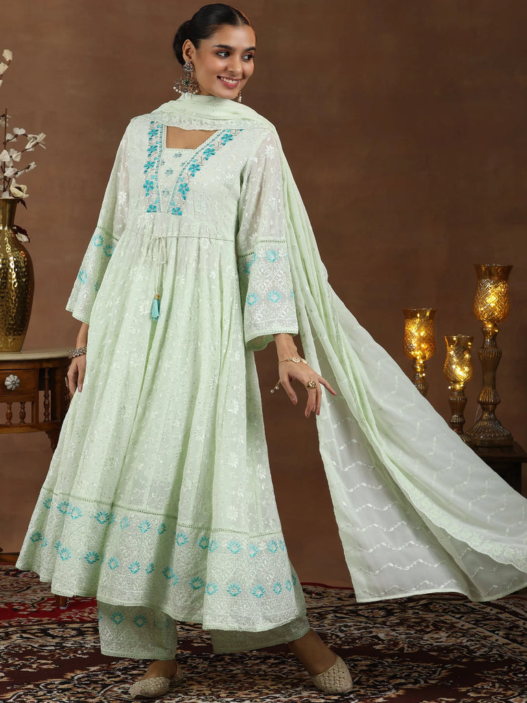 Libas Green Embroidered Georgette Anarkali Suit With Dupatta