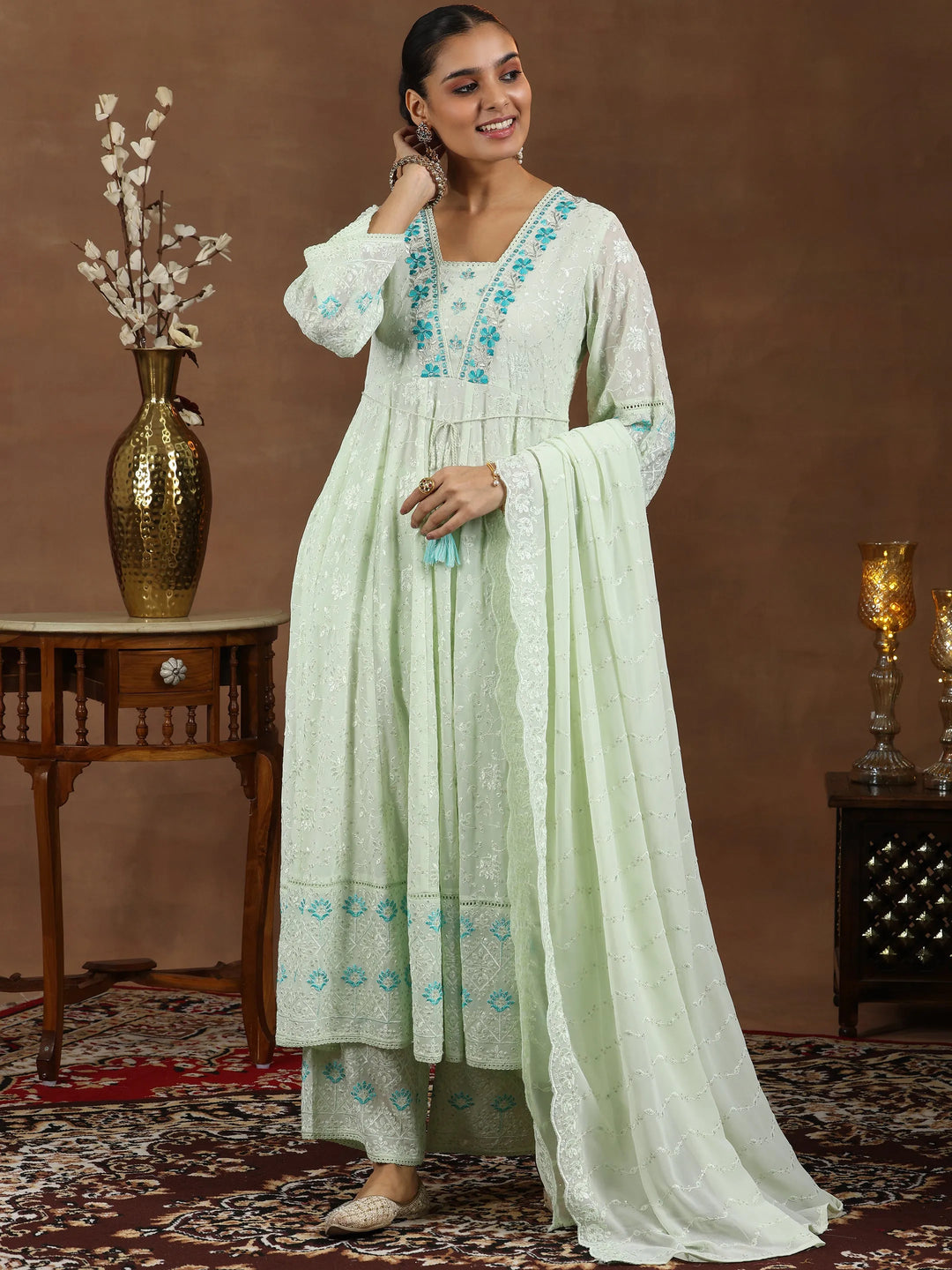  Green Embroidered Georgette Anarkali Suit With Dupatta 