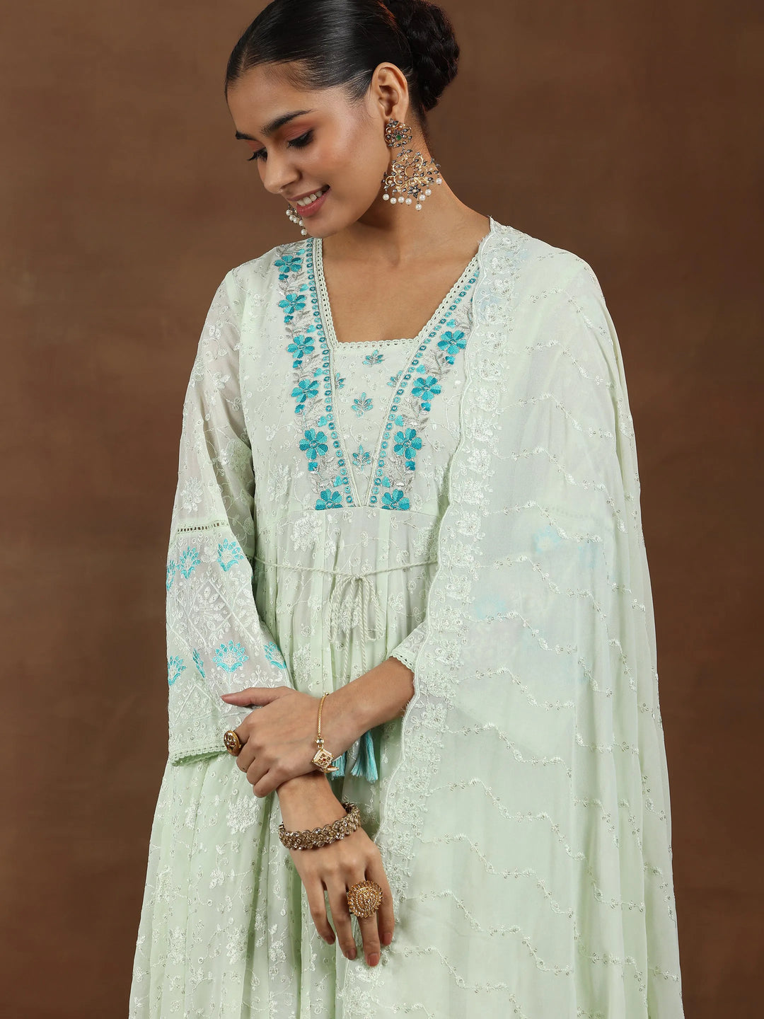  Green Embroidered Georgette Anarkali Suit With Dupatta 