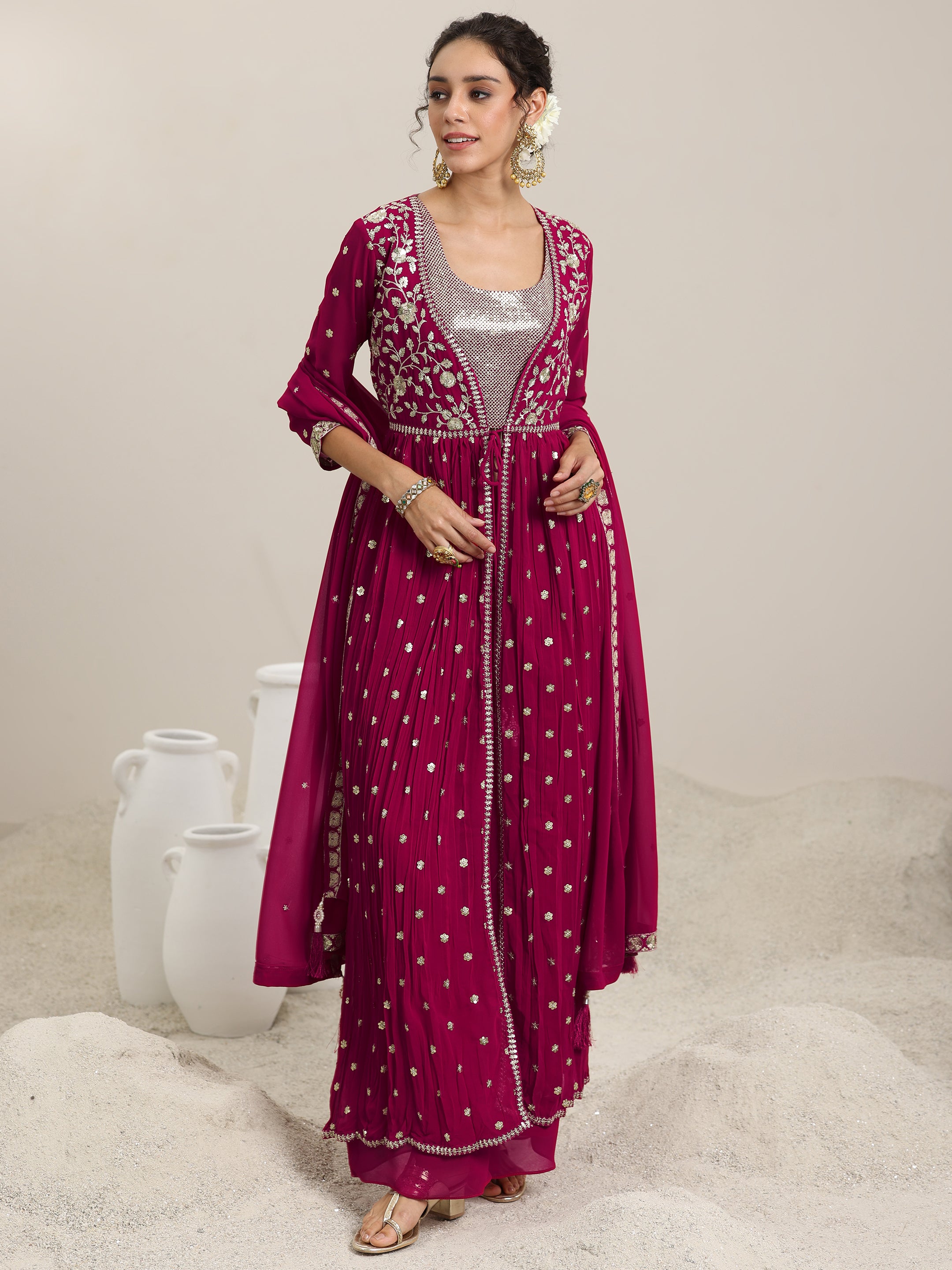Pink Embellished Georgette Co-Ords With Shrug-image-7