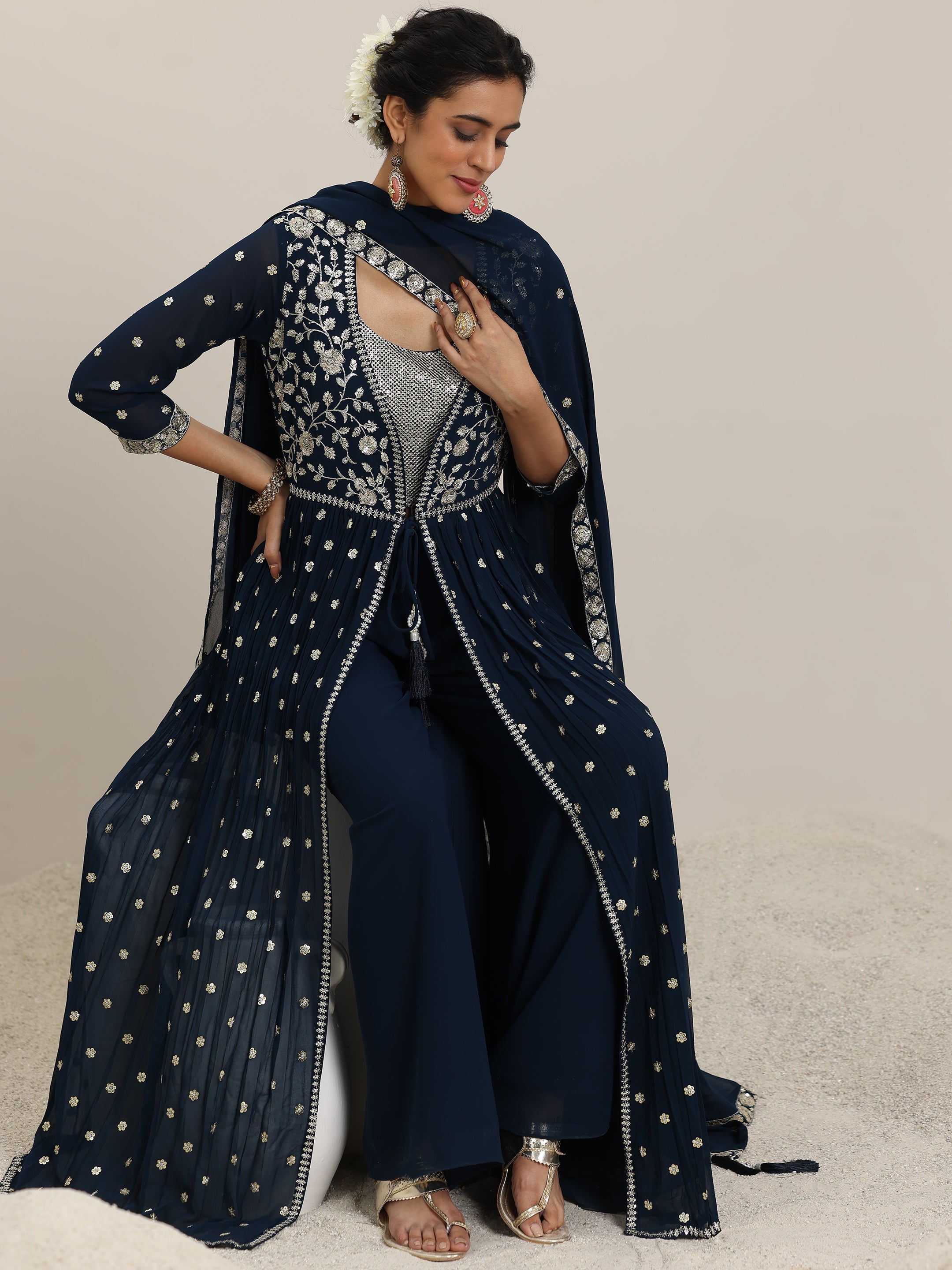 libas Blue Embellished Georgette Co-Ords With Shrug-picture-43