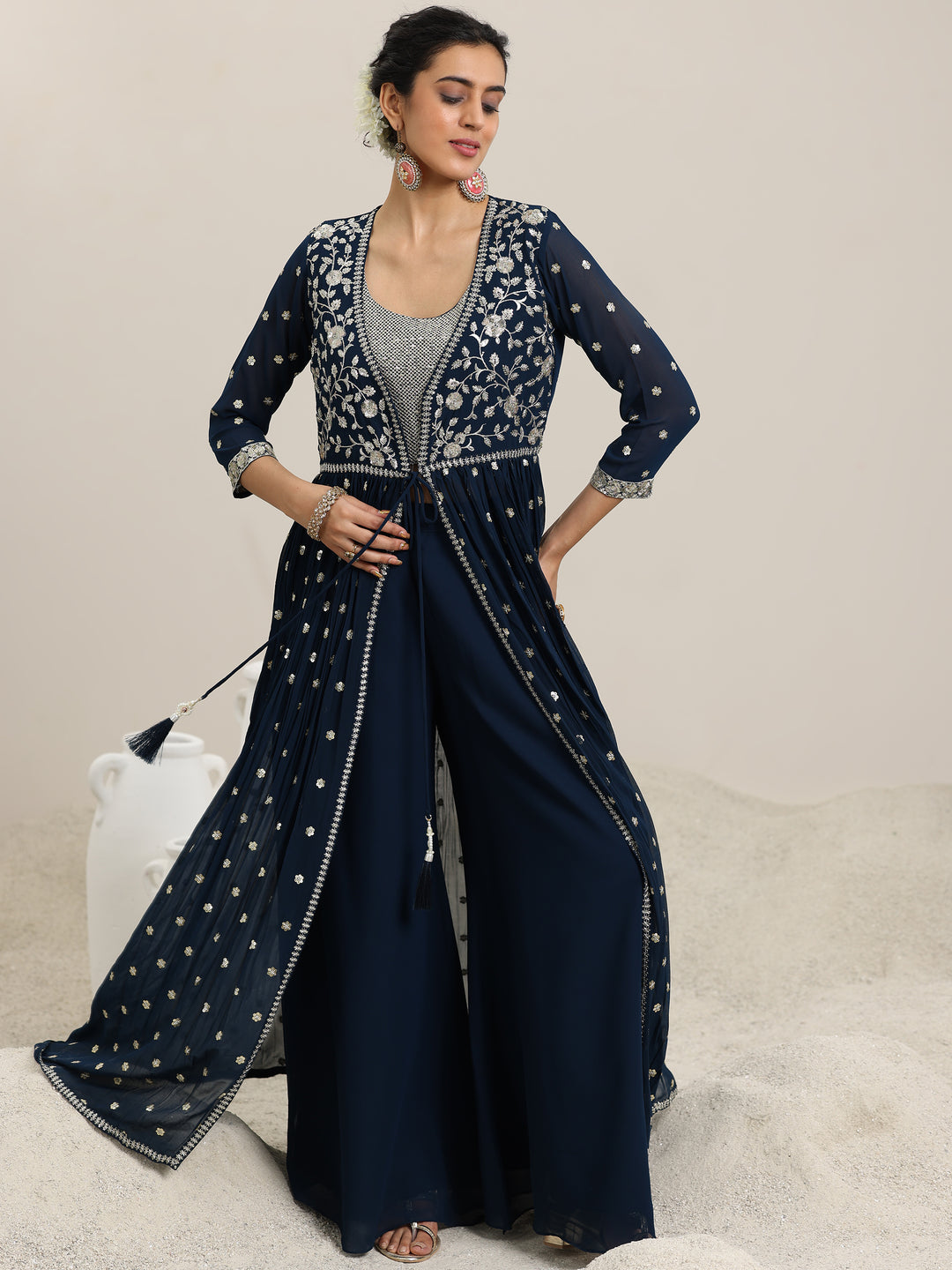  Blue Embellished Georgette Co-Ords With Shrug 
