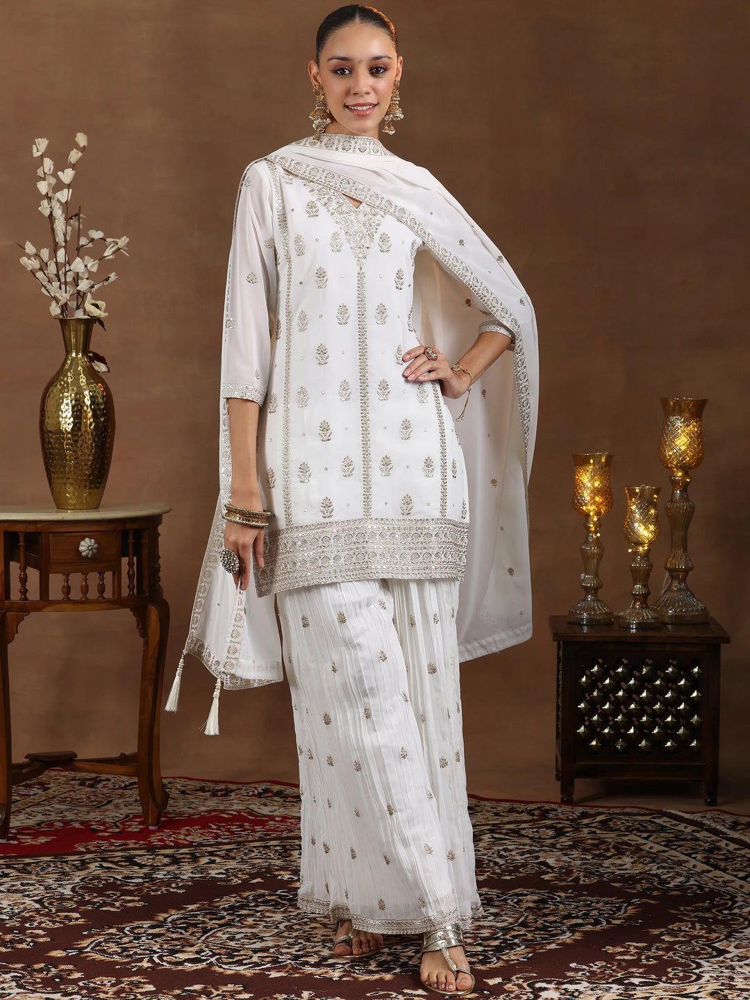  White Embroidered Georgette Straight Suit With Dupatta 