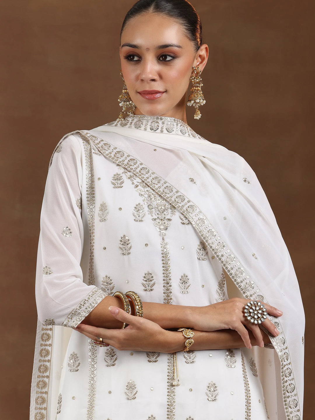  White Embroidered Georgette Straight Suit With Dupatta 