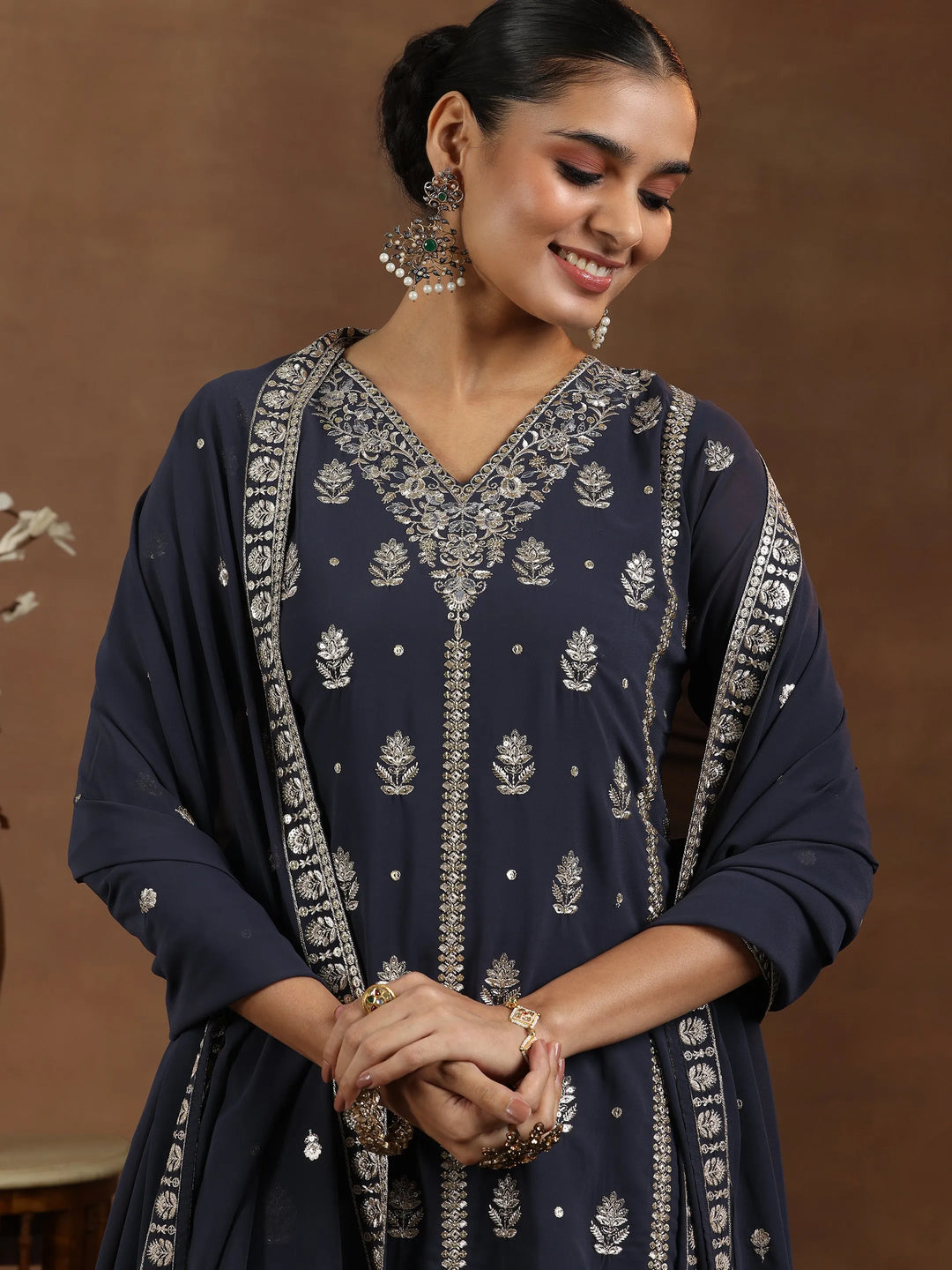  Grey Embroidered Georgette Straight Suit With Dupatta 
