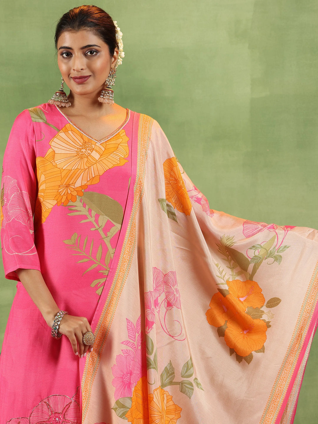  Pink Printed Muslin Straight Suit With Dupatta 