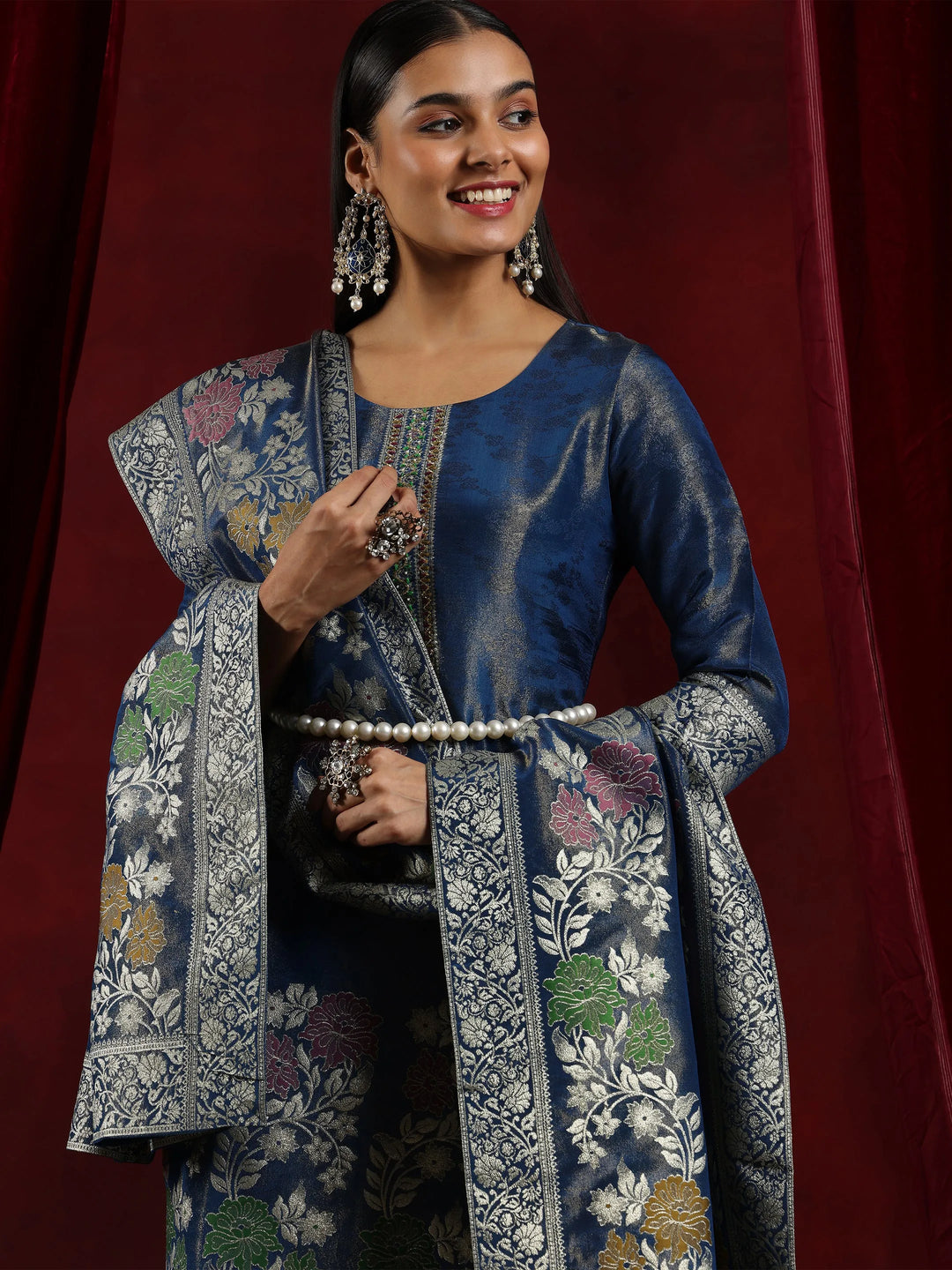  Libas Art Blue Woven Design Silk Blend Straight Suit With Dupatta 