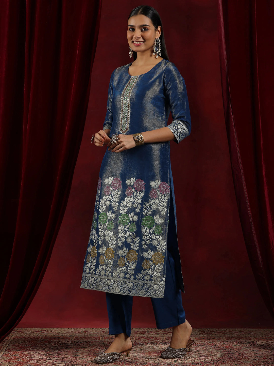  Libas Art Blue Woven Design Silk Blend Straight Suit With Dupatta 