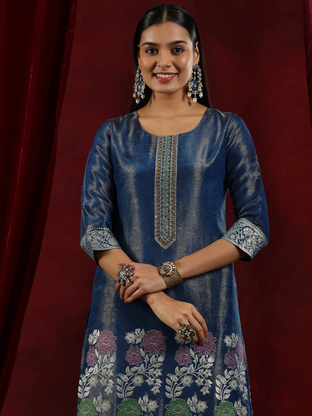  Libas Art Blue Woven Design Silk Blend Straight Suit With Dupatta 