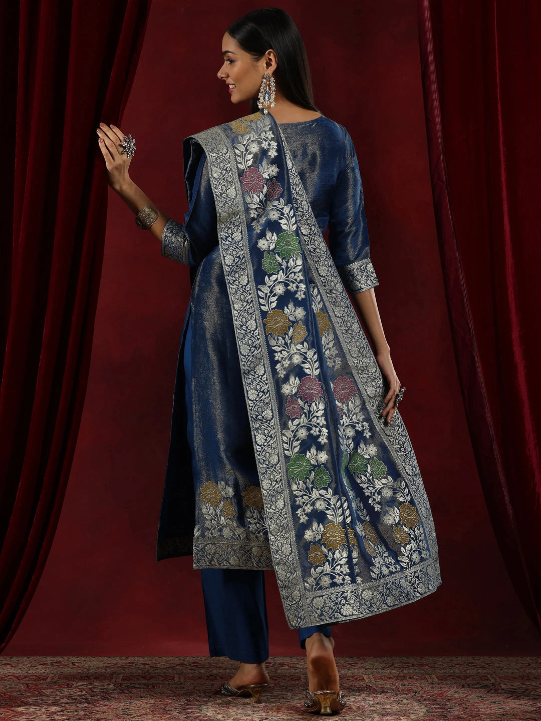  Libas Art Blue Woven Design Silk Blend Straight Suit With Dupatta 