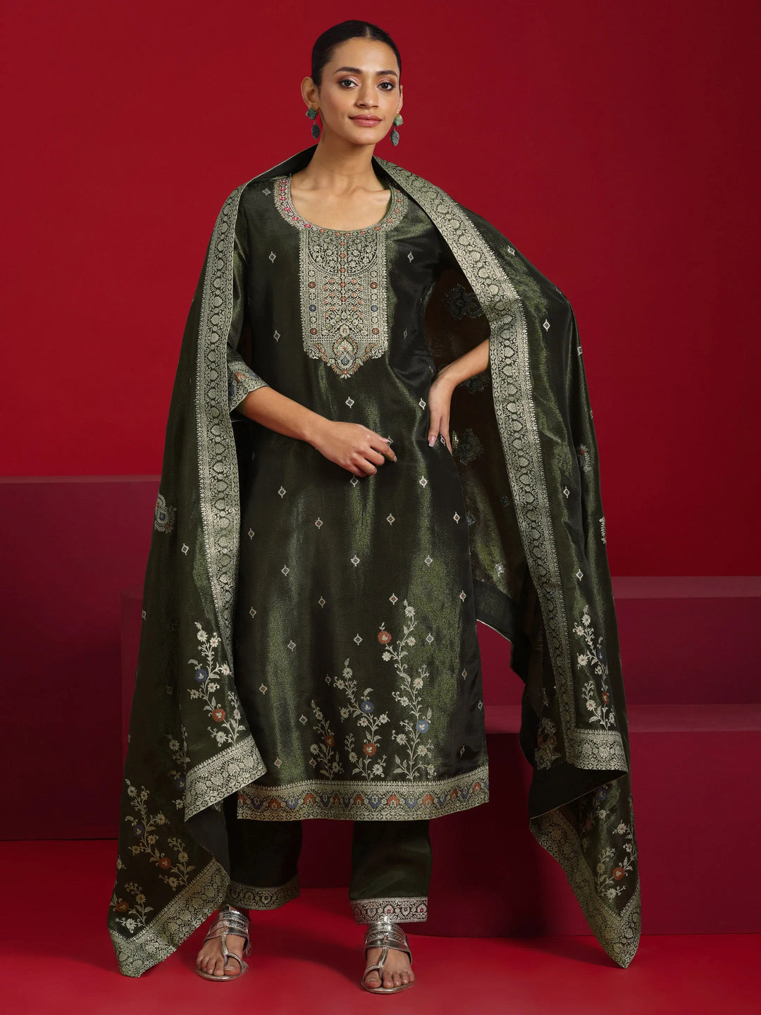  Libas Art Olive Woven Design Silk Blend Straight Suit With Dupatta 