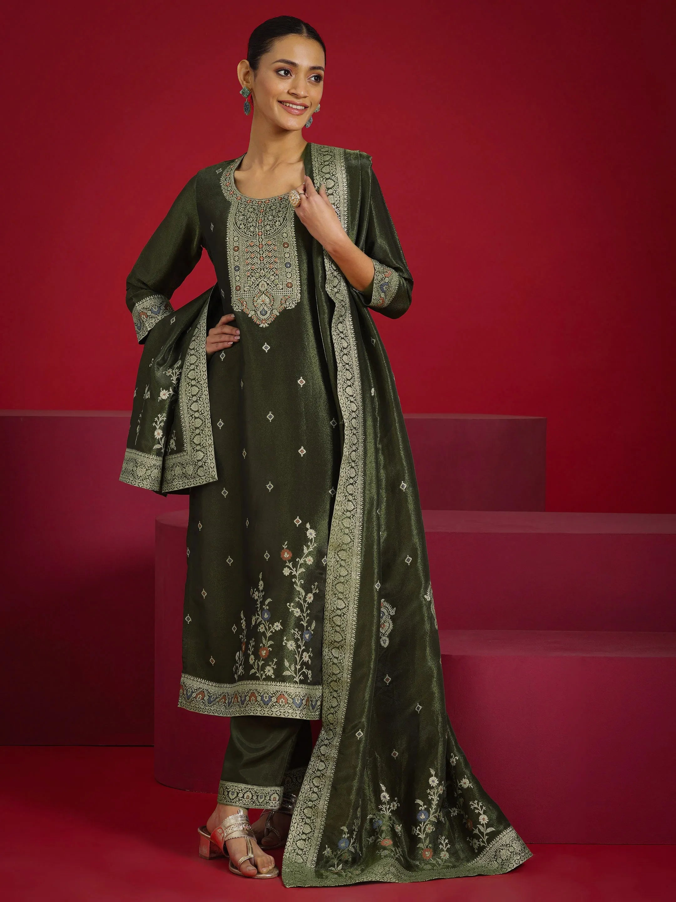 Libas Art Olive Woven Design Silk Blend Straight Suit With Dupatta-picture-52