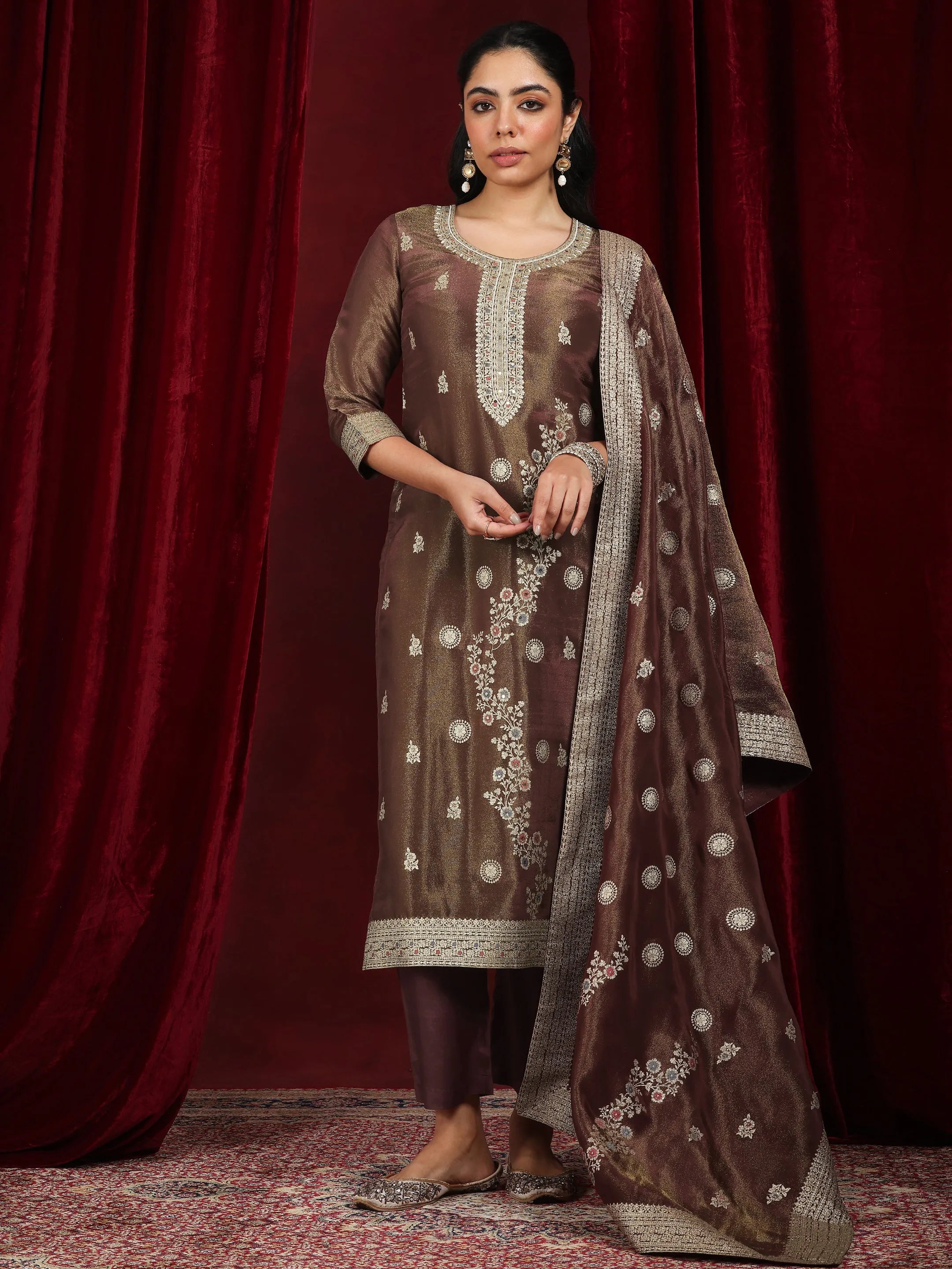 Libas Art Rust Woven Design Silk Blend Straight Suit With Dupatta-picture-28