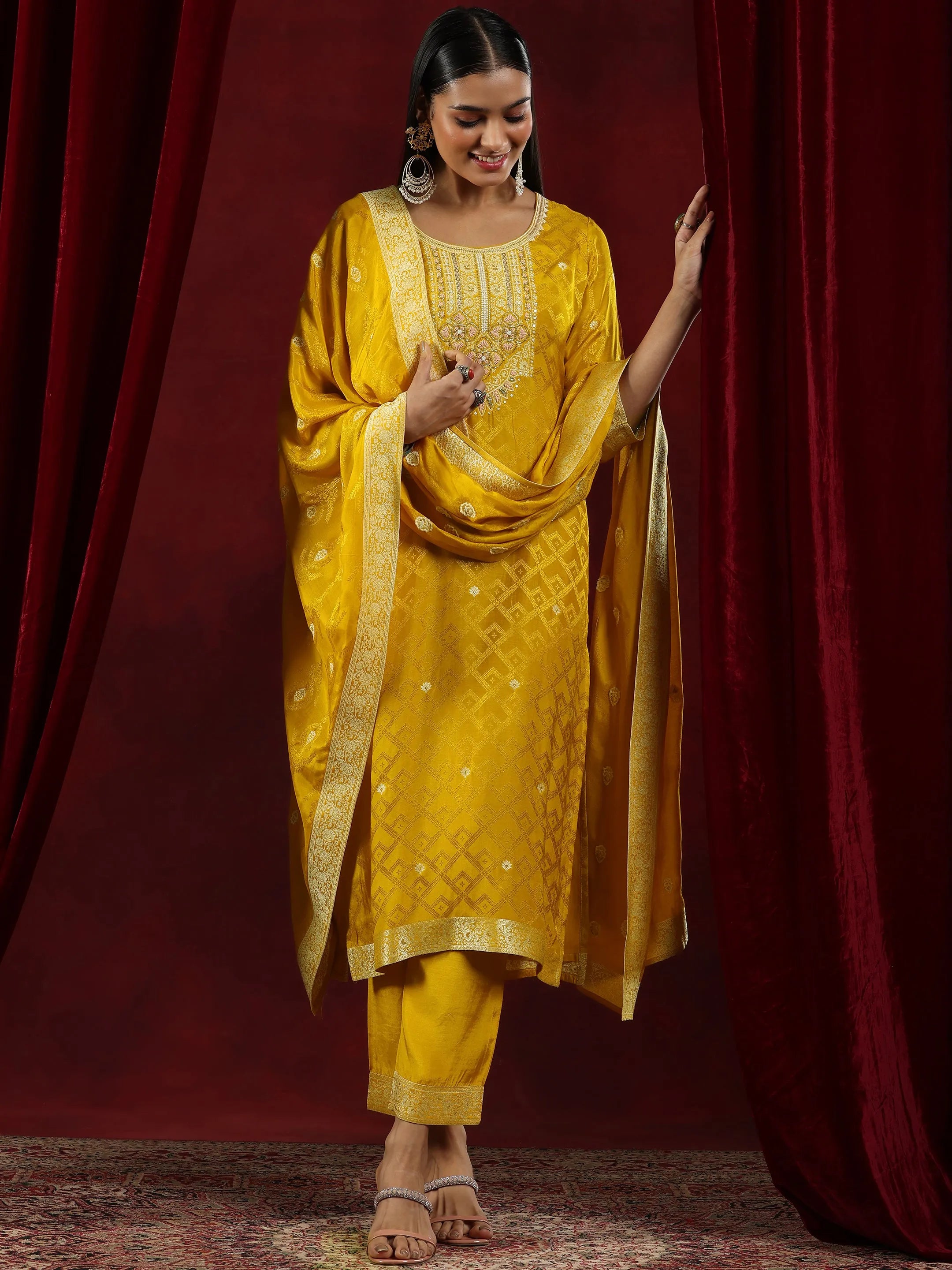 libas Mustard Woven Design Silk Blend Straight Suit With Dupatta-picture-67