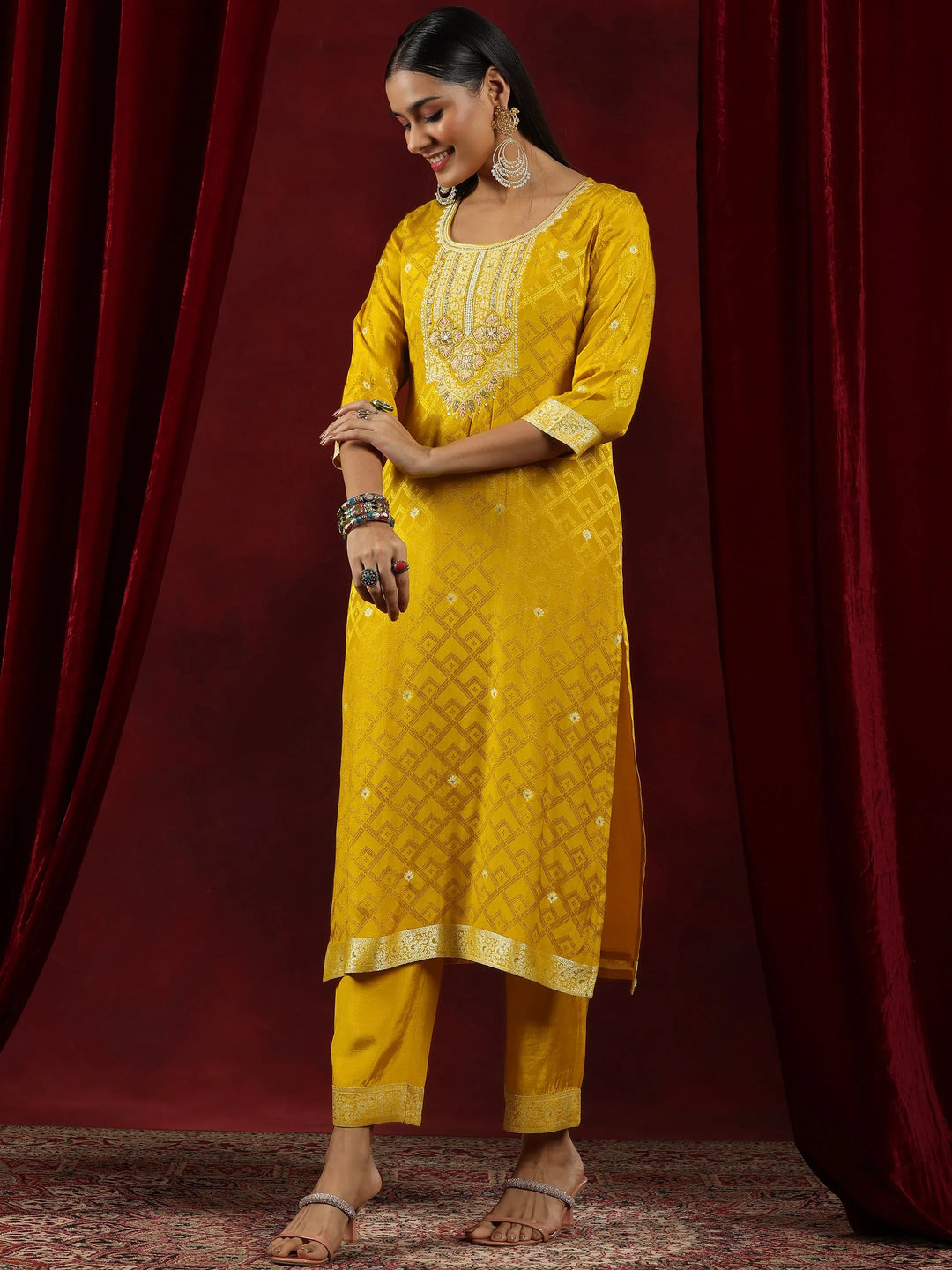  Libas Art Mustard Woven Design Silk Blend Straight Suit With Dupatta 