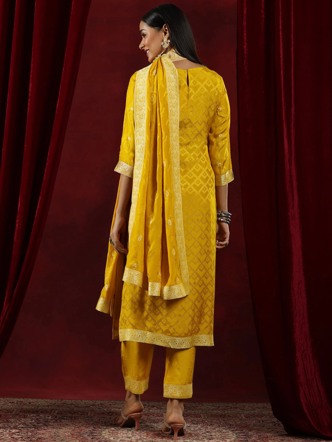  Libas Art Mustard Woven Design Silk Blend Straight Suit With Dupatta 
