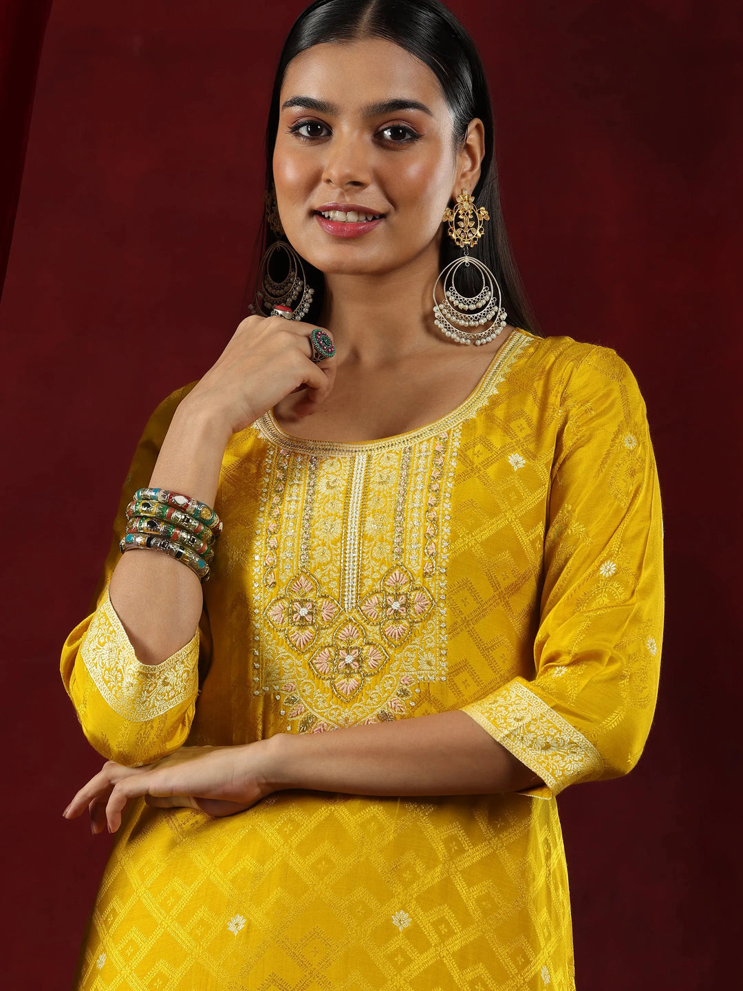  Libas Art Mustard Woven Design Silk Blend Straight Suit With Dupatta 