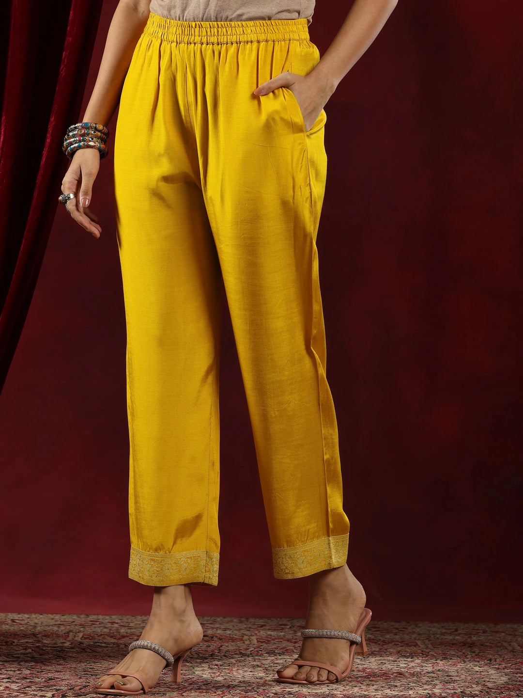  Libas Art Mustard Woven Design Silk Blend Straight Suit With Dupatta 