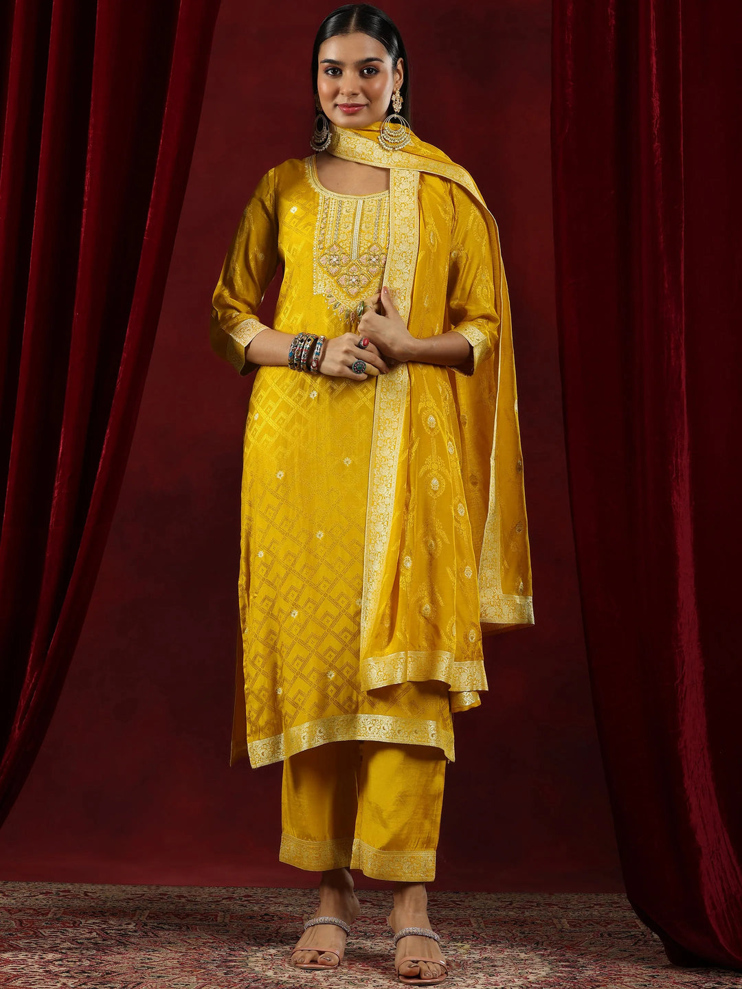  Libas Art Mustard Woven Design Silk Blend Straight Suit With Dupatta 