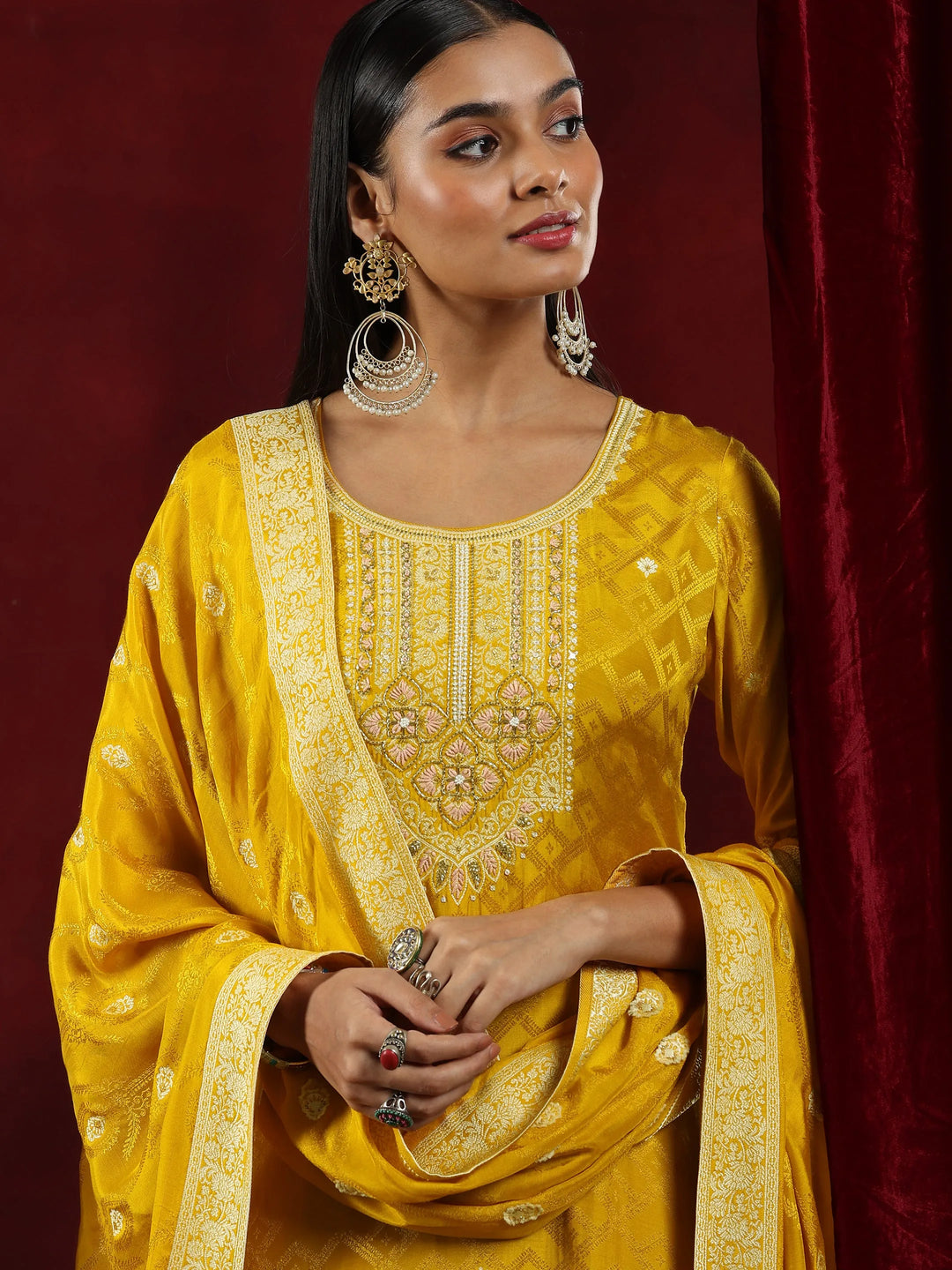  Libas Art Mustard Woven Design Silk Blend Straight Suit With Dupatta 